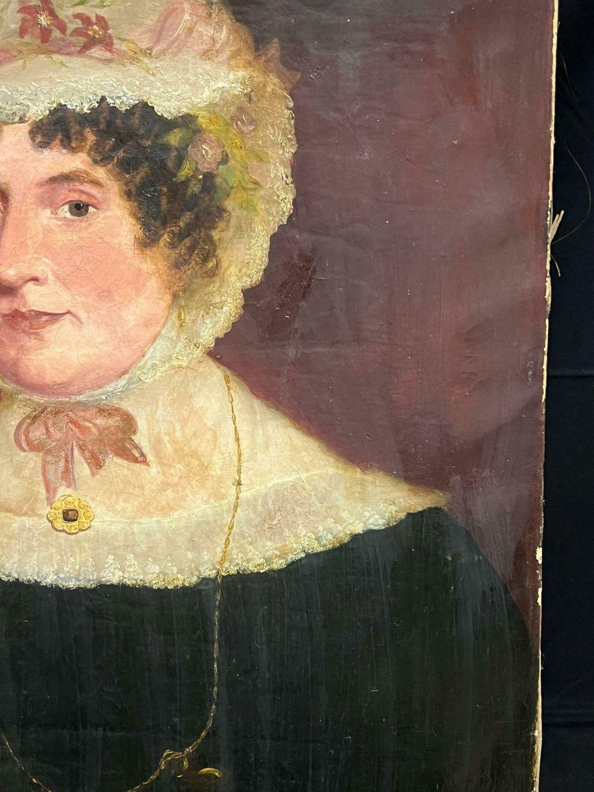 Victorian Englishmid 19th Century English Oil Painting Portrait Of A Lady In Lace Bonnet photo for sale