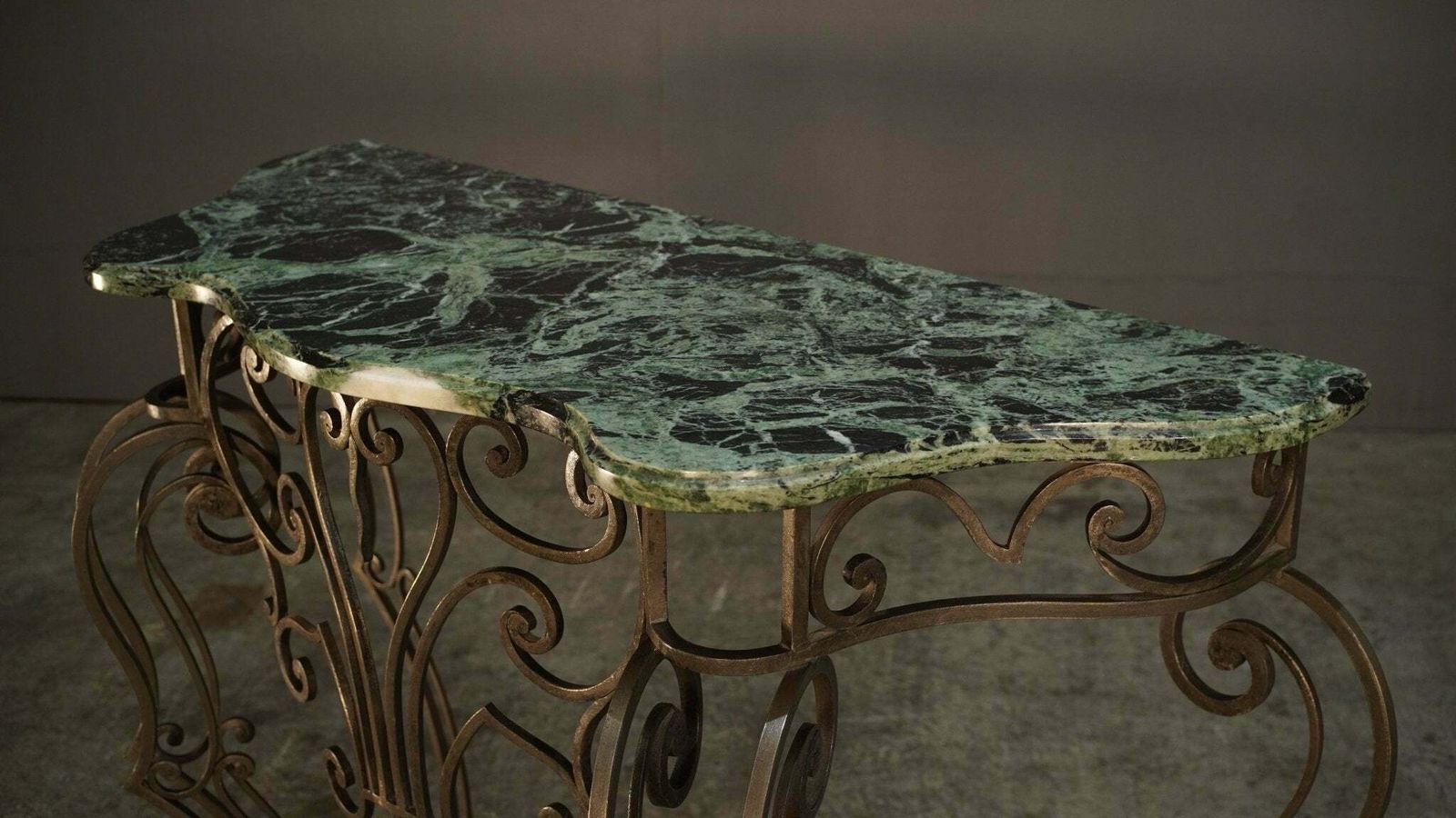 photo furniture Wrought Steel Variegated Marble Top Console Table, Manner Of Gilbert Poillerat