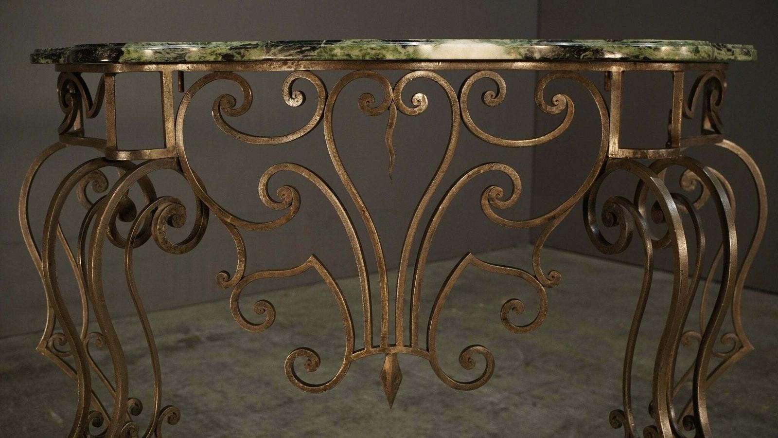 Furniture Wrought Steel Variegated Marble Top Console Table, Manner Of Gilbert Poillerat photo