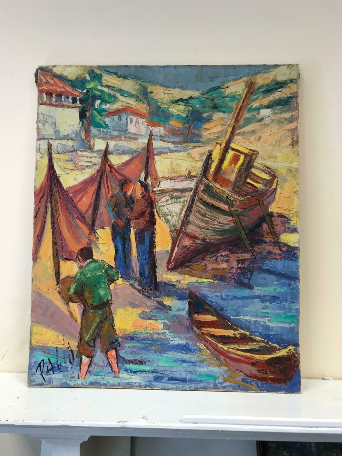 French School1950's French Post Impressionist Signed Oil   Fishermen With Boats On Beach photo furniture