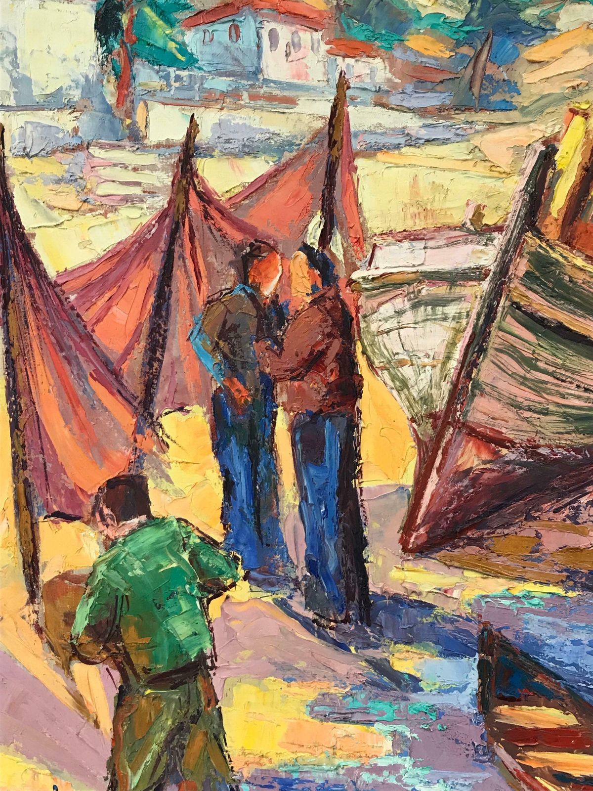 French School1950's French Post Impressionist Signed Oil   Fishermen With Boats On Beach photo vinterior