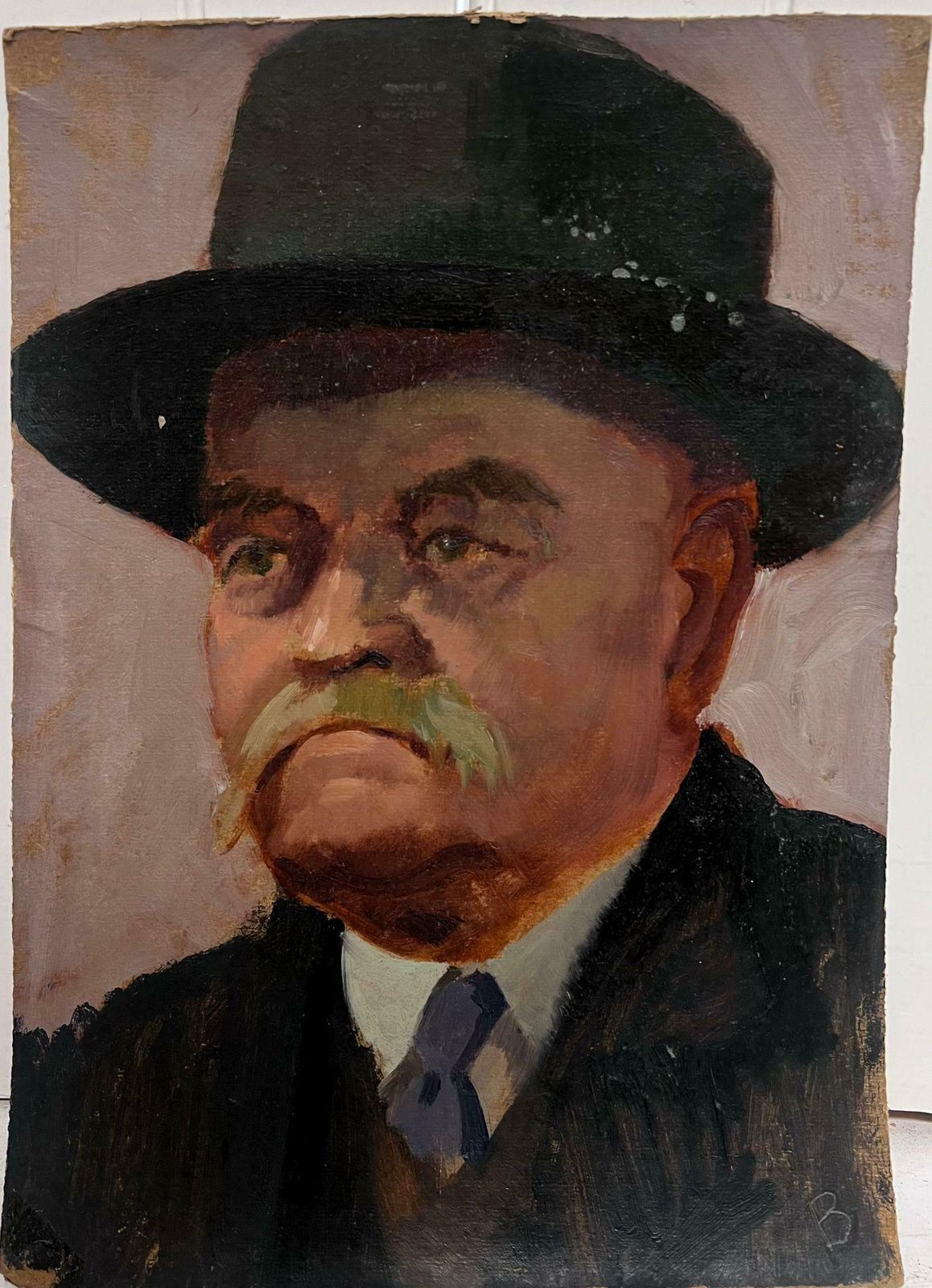 20th Century British Schoolmid 20th Century British Portrait Of A Man With Mustache In A Hat Oil Painting photo furniture