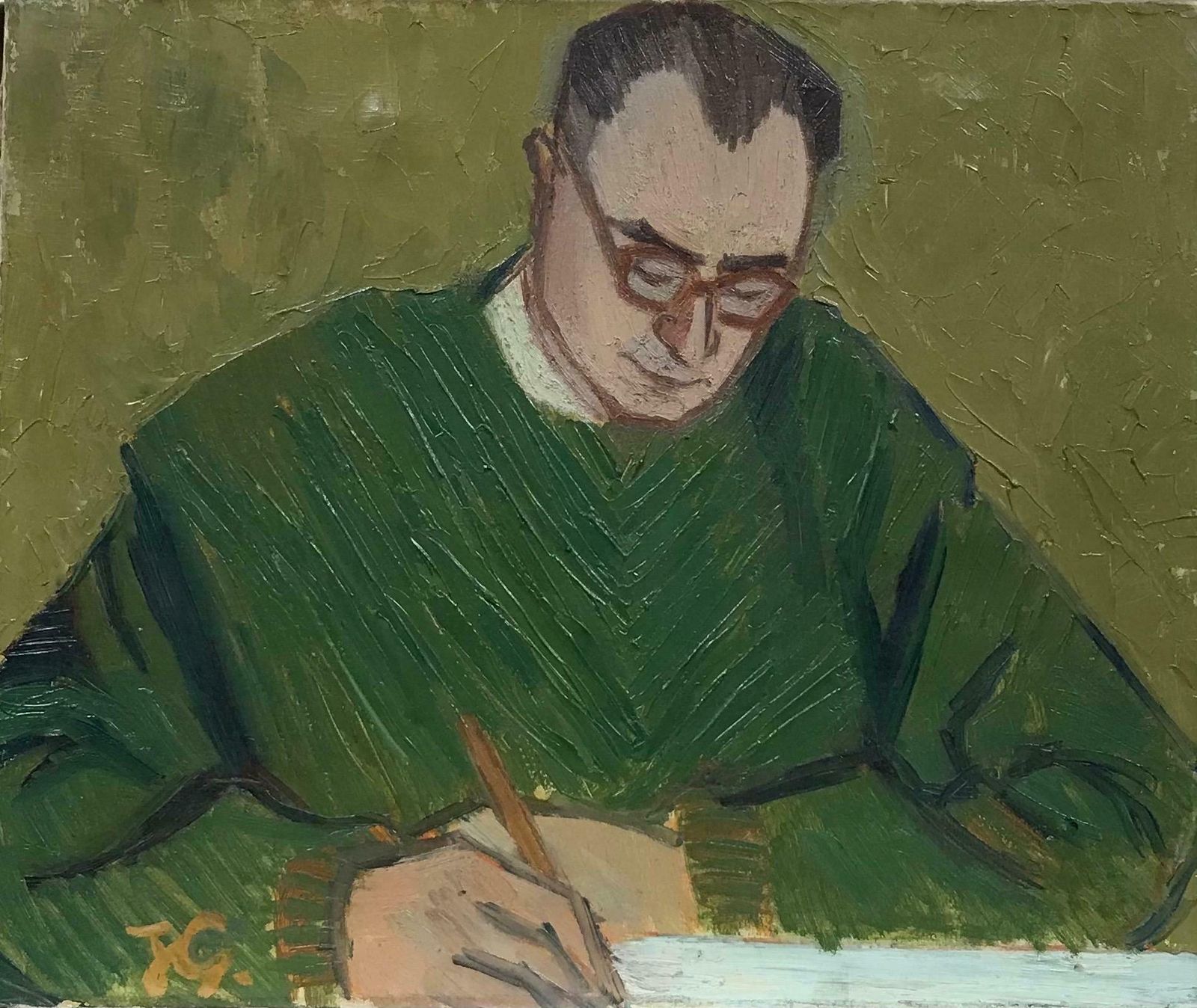 French Schoolmid 20th Century French Post Impressionist Oil   Portrait Of Man Writing At Desk
