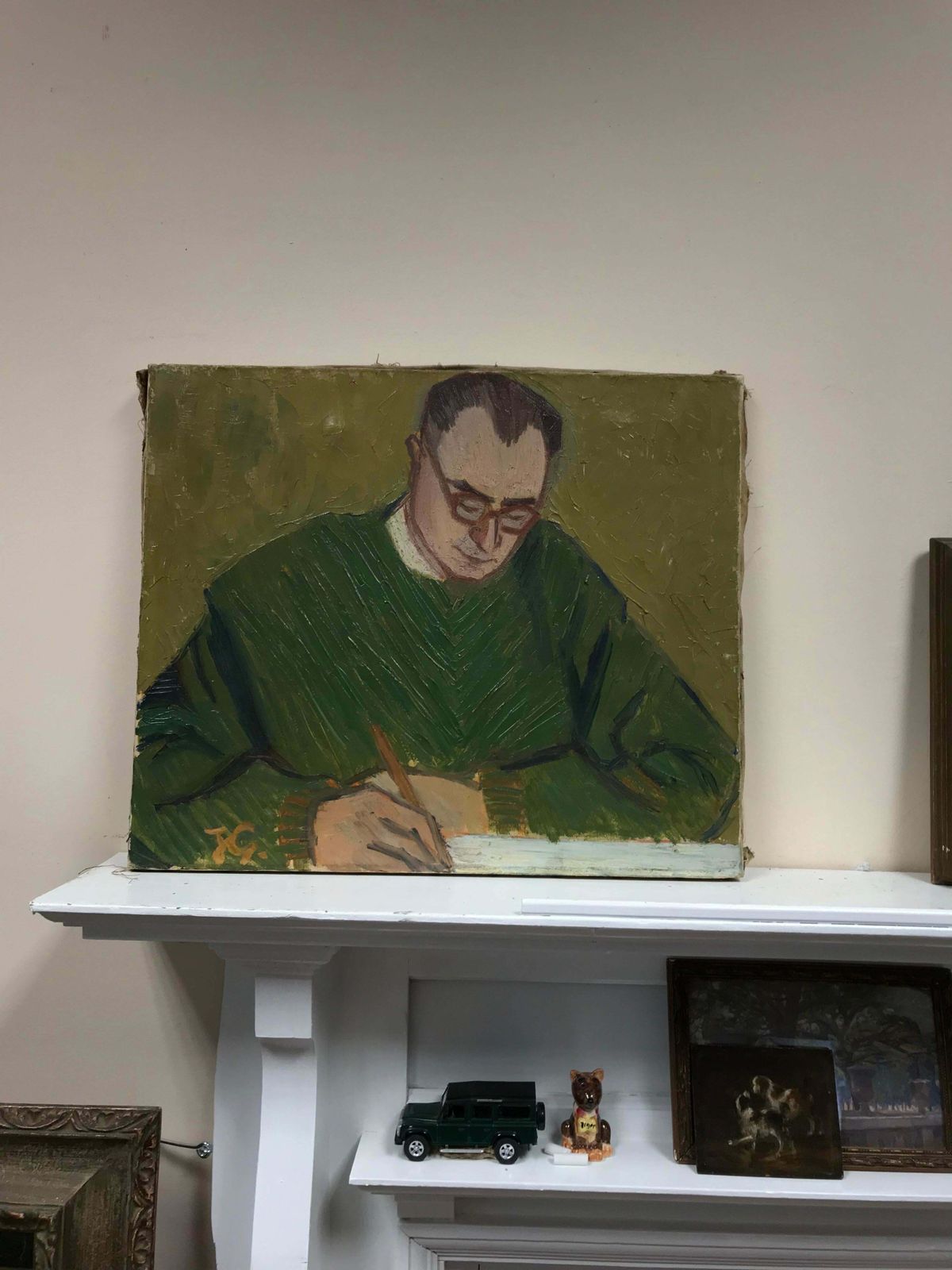 French Schoolmid 20th Century French Post Impressionist Oil   Portrait Of Man Writing At Desk photo furniture