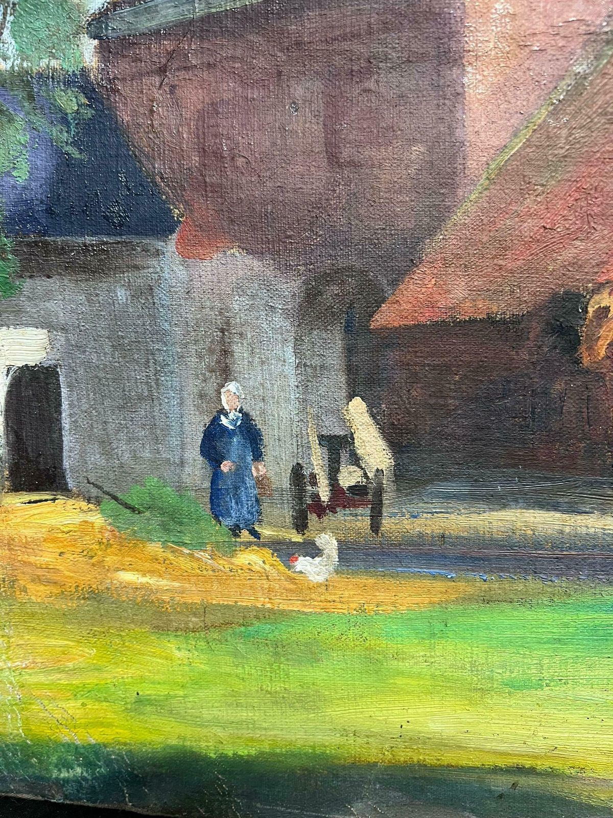 French Schoollarge Early 20th Century French Post Impressionist Oil Farmyard Scene Figures1917 photo for sale