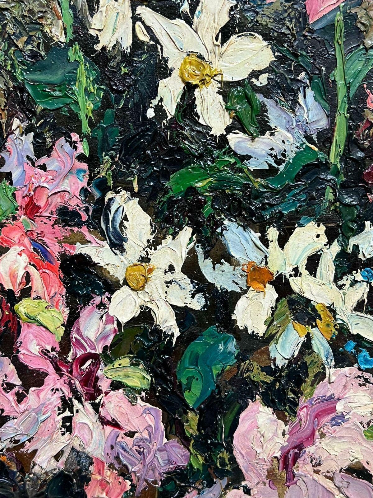 photo for sale French School1940's French Post Impressionist Signed Oil Very Thick Impasto Pink Flowers 1945