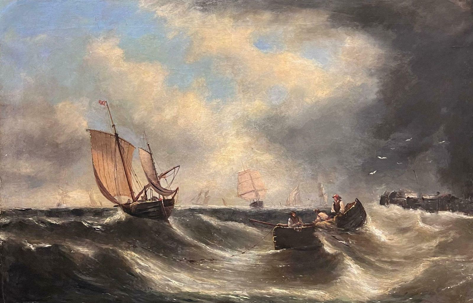 English Victorian Oil Antique 19th Century English Victorian Marine Oil Painting Boats Stormy Seas19th Century