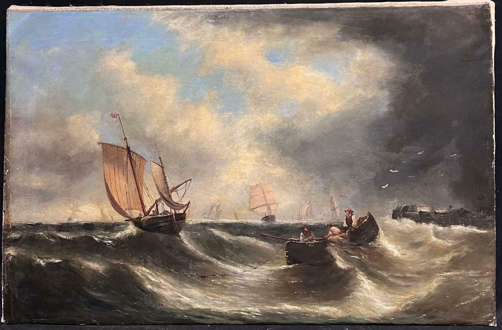 English Victorian Oil Antique 19th Century English Victorian Marine Oil Painting Boats Stormy Seas19th Century photo furniture