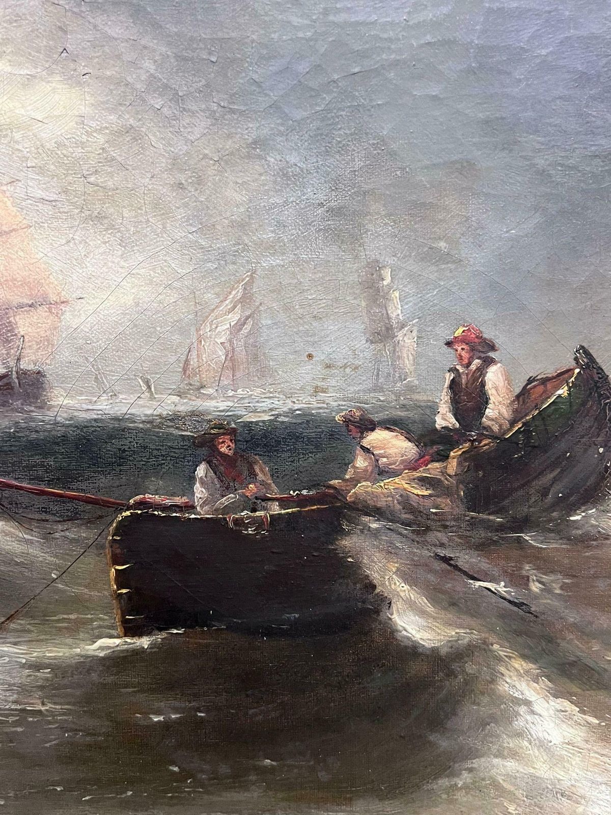 English Victorian Oil Antique 19th Century English Victorian Marine Oil Painting Boats Stormy Seas19th Century photo for sale