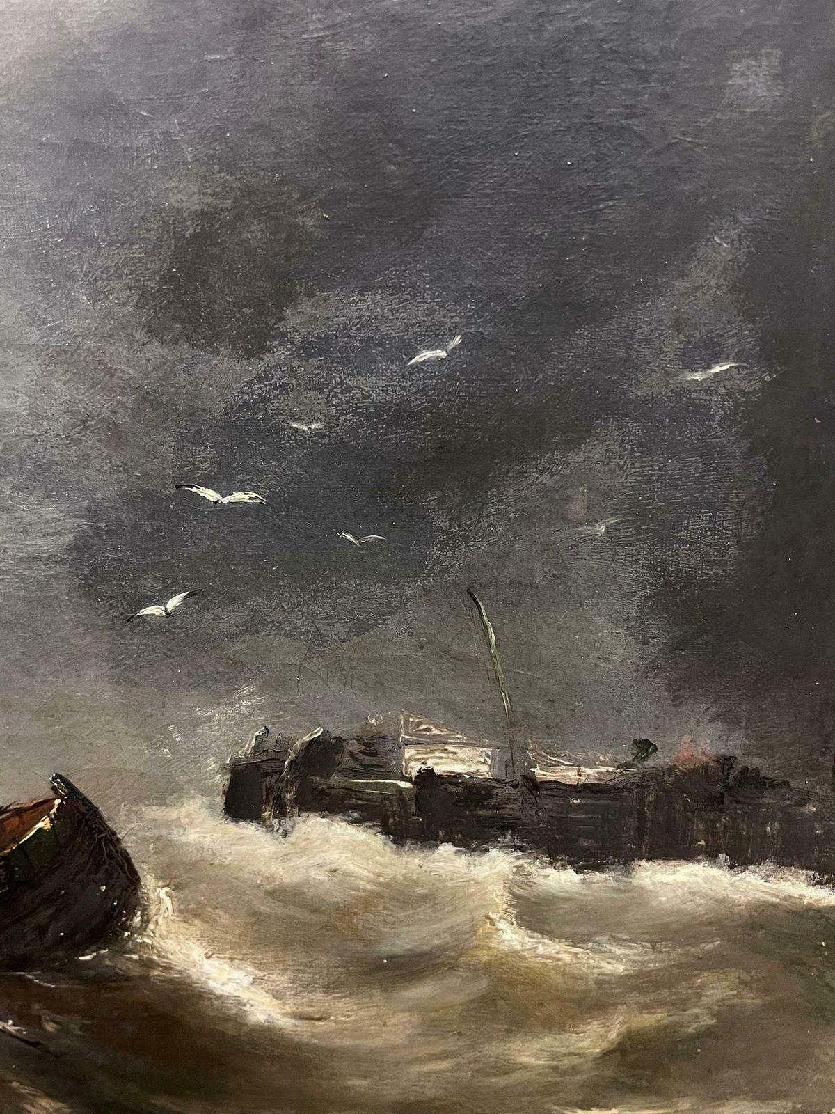English Victorian Oil Antique 19th Century English Victorian Marine Oil Painting Boats Stormy Seas19th Century photo 1716.0