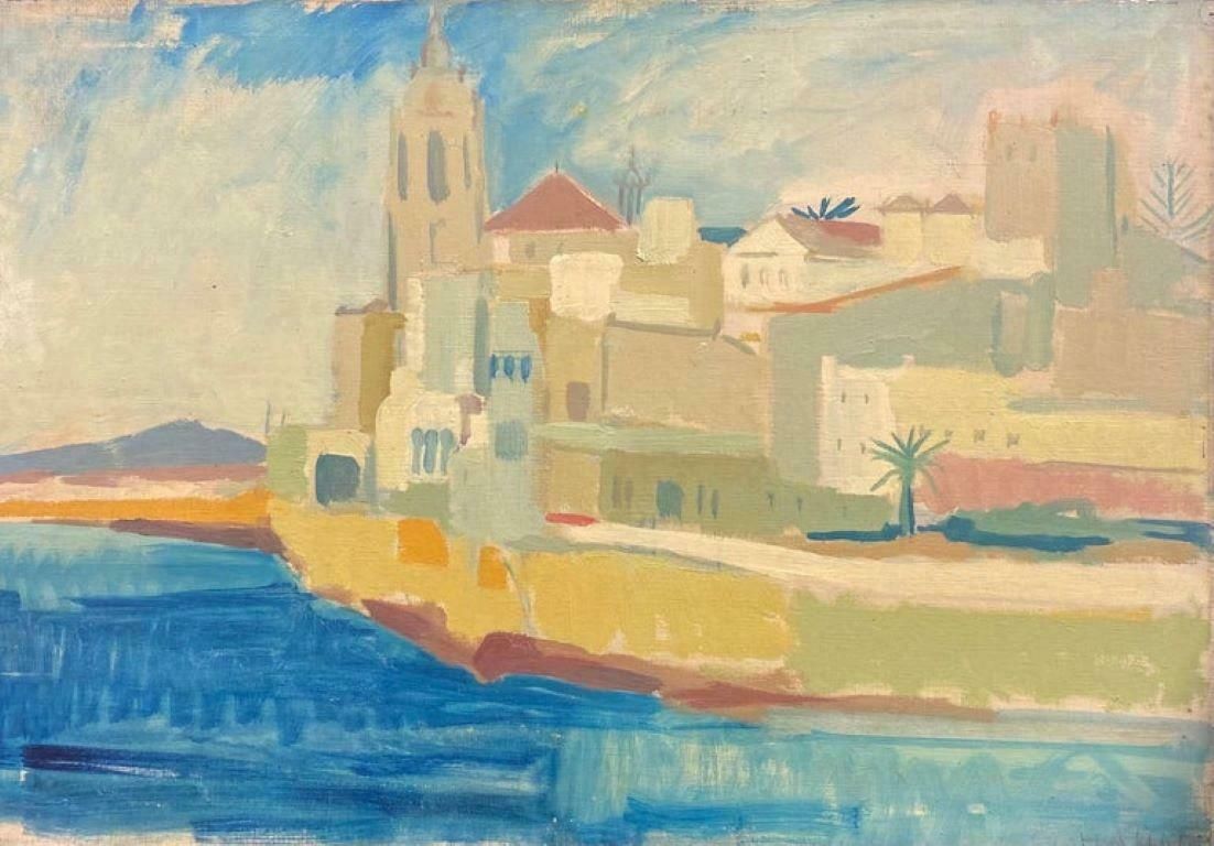 Elisabeth Hahn20th Century Signed German Modernist Oil Painting Mediterranean Coastal Town 20th Century photo furniture