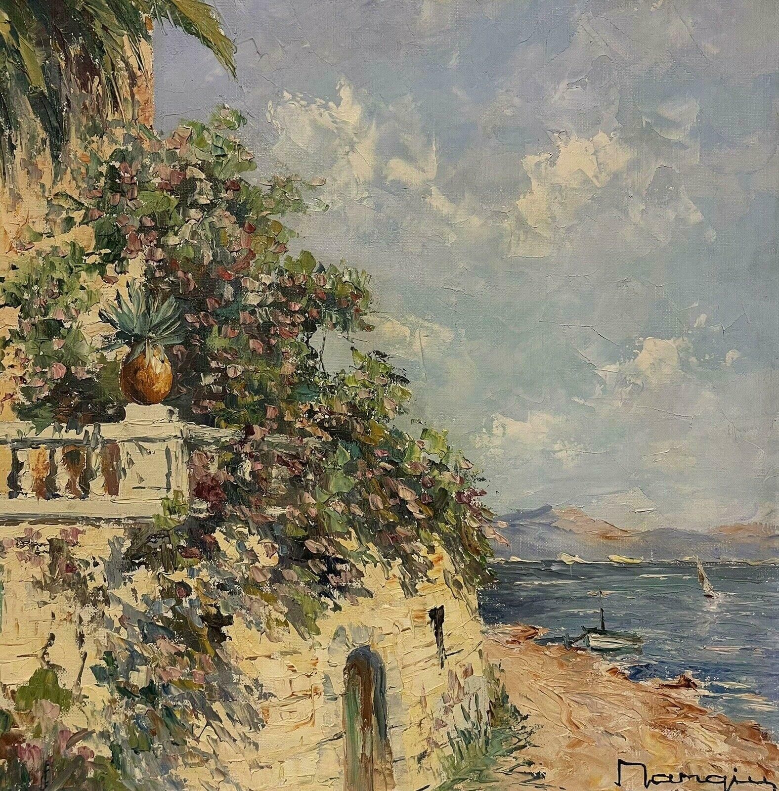 French Schoolmid 20th Century French Signed Post Impressionist Oil, South Of France Villa Sea1950's photo for sale