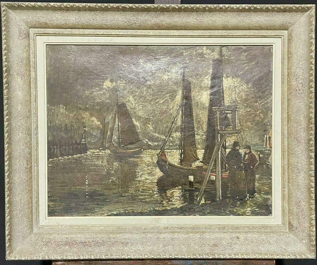 Unknownvintage French Signed Oil   Fishermen Chatting By Harbour   Signed & Framedmid Century