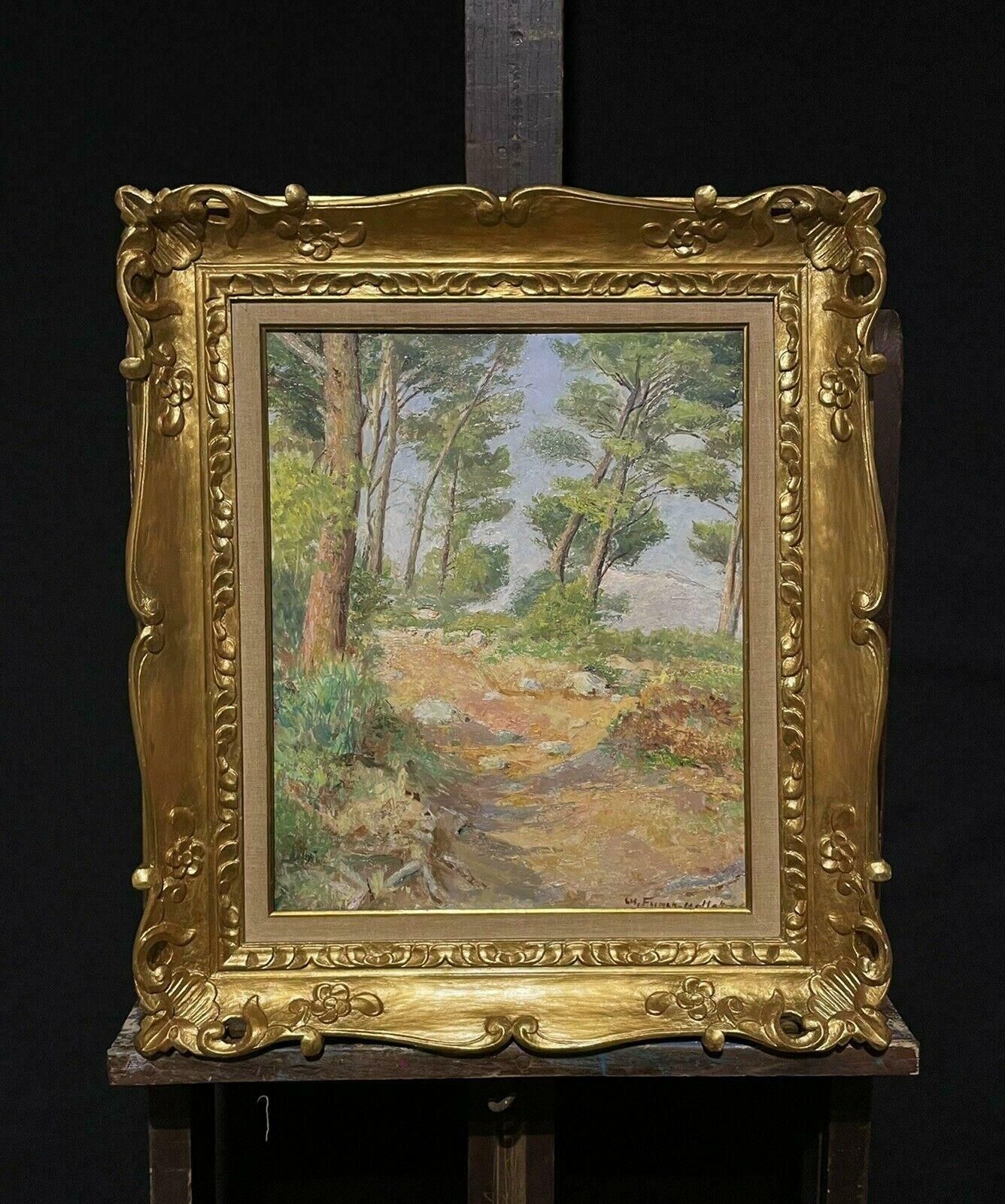 Unknownfrench Impressionist Signed Oil Painting Cote D'azur Coastal Pathway With Trees photo buy