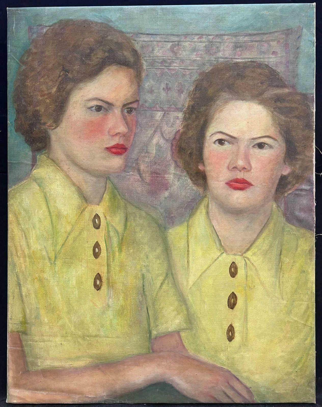 French School1930's Large French Oil Painting Twin Sisters In Yellow Blouses In Interior1930's photo furniture