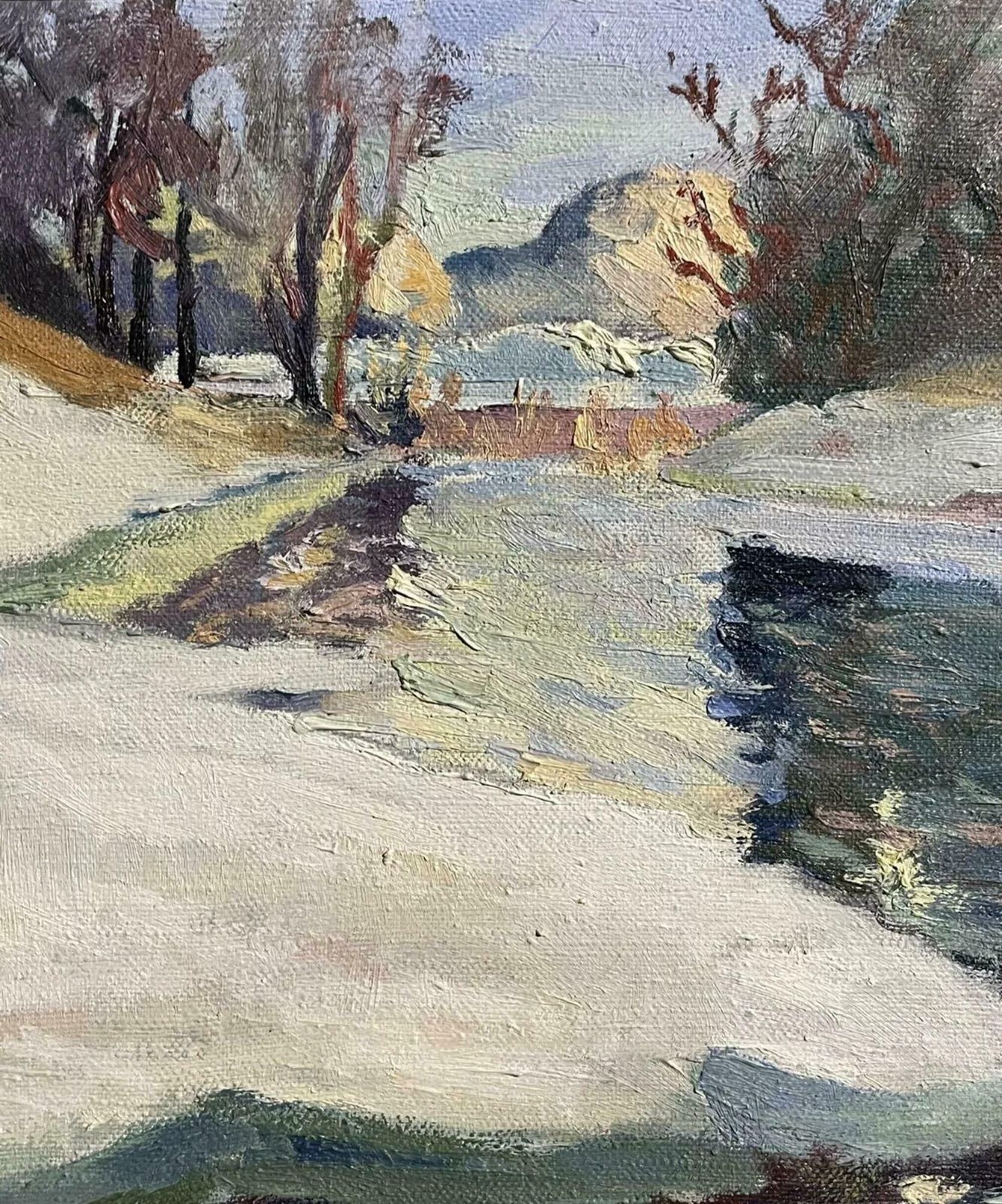 Swedish Signed1940s Swedish Signed Oil Painting   Winter Snow River Landscape   Framedc. 1940's photo for sale