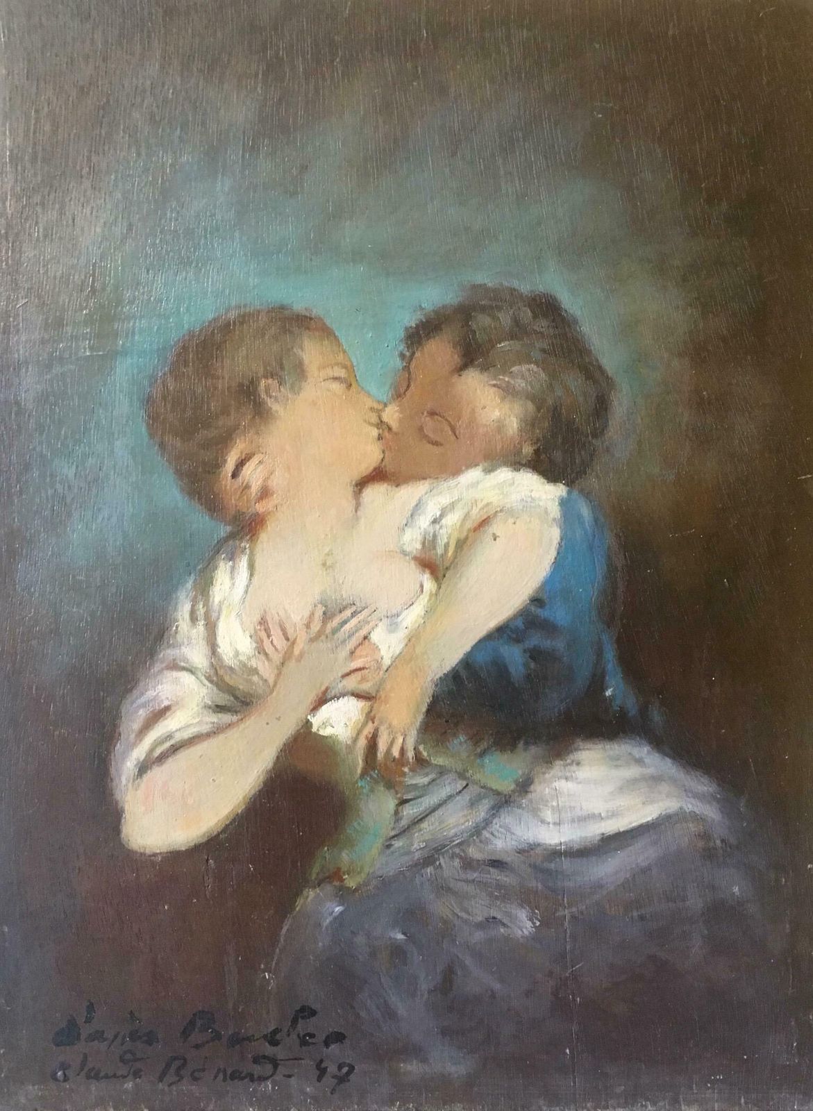 Claude Benard"Le Baiser D'apres Boucher", Impressionist Portrait, Oil Painting, Signed1947