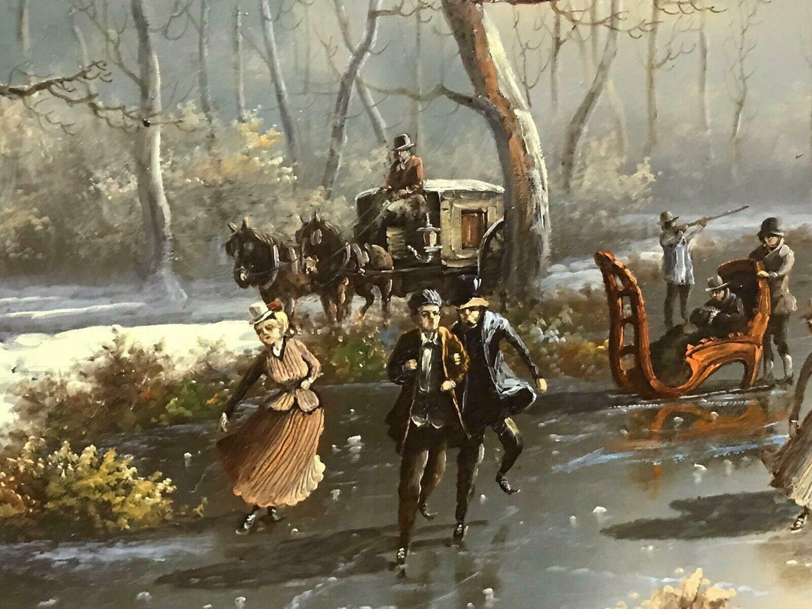 Dutch Schoolclassical Dutch Winter Scene Oil Painting   Figures Skating On Ice   Signed20th Century photo 1578.0