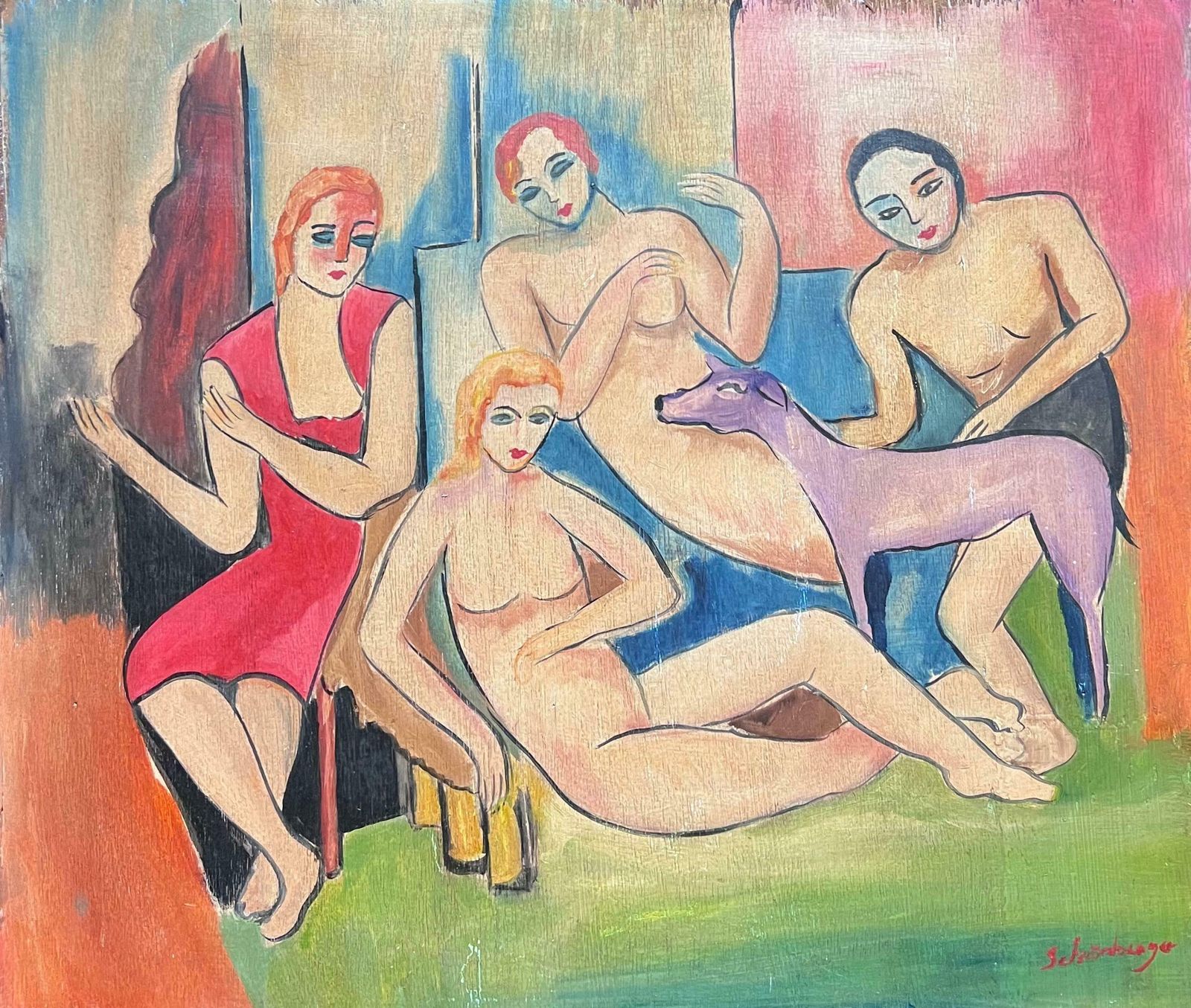 Fauvist Schoolmid 20th Century European Fauvist Signed Oil Nude Figure Group Portrait & Dogmid 20th Century