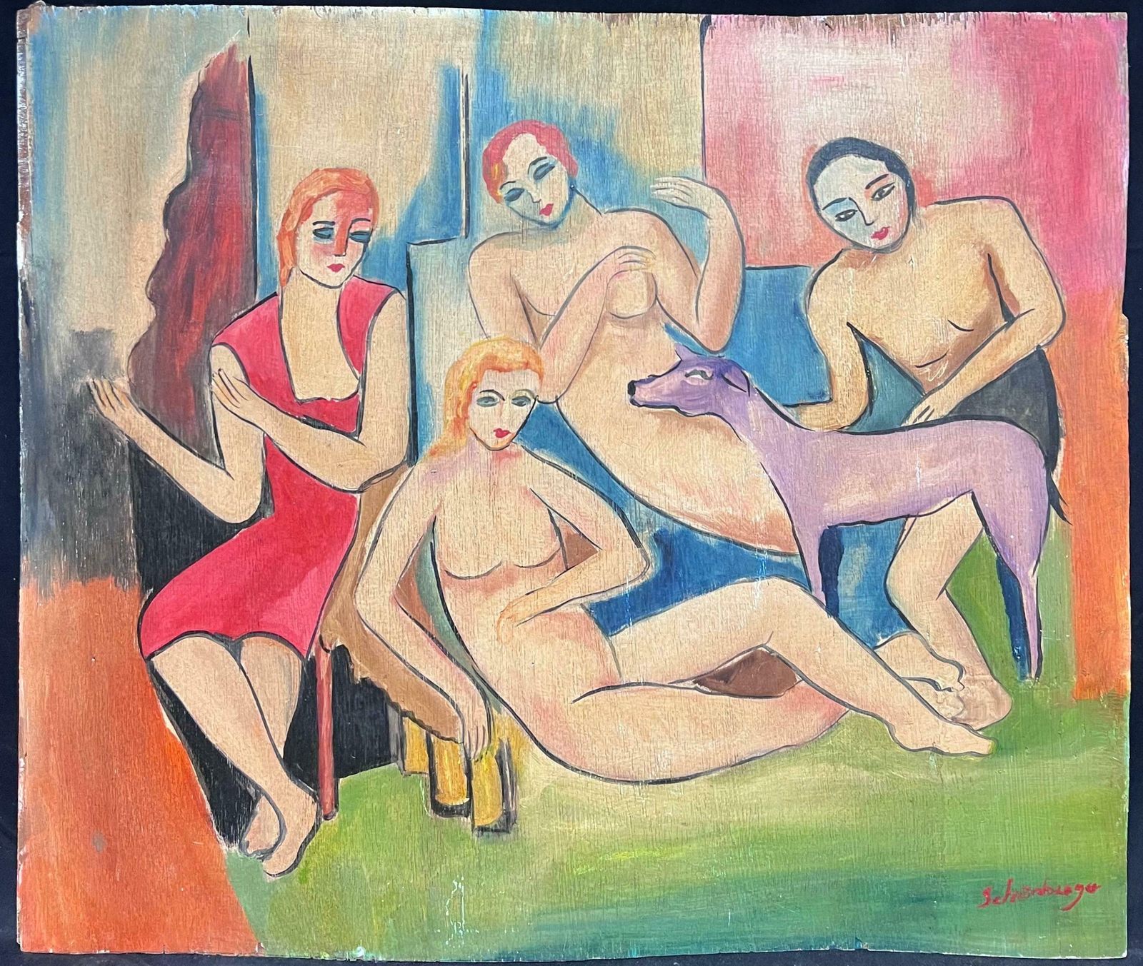 Fauvist Schoolmid 20th Century European Fauvist Signed Oil Nude Figure Group Portrait & Dogmid 20th Century photo furniture