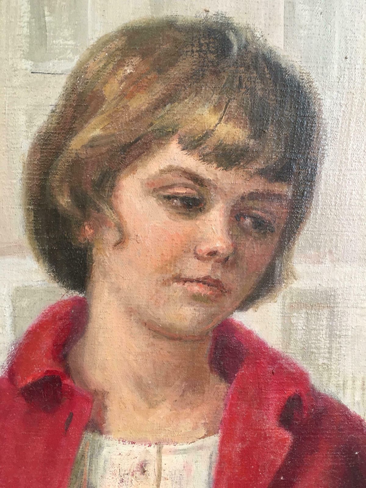 Unknowngirl In Red, Impressionist Portrait, Oil Painting, Signed C.1950s photo vinterior