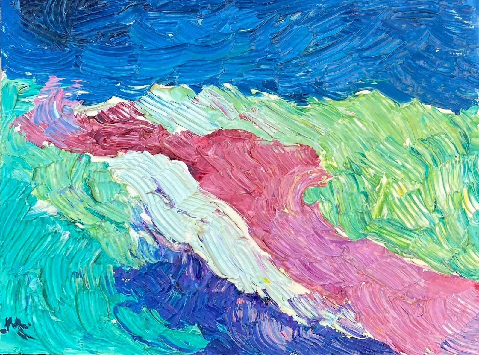 Maggy Claryssebright & Colorful French Impressionist Oil Fieldscape With Green And Pinkc.2000