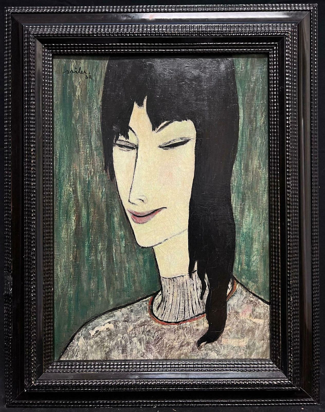 Anton Sailer1930's French Modernist Portrait Of Black Haired Lady With Fringe Signed Oil 1930 photo furniture