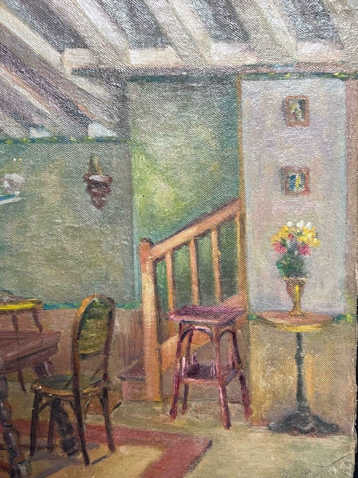 Regine Davidrustic French Cottage Interior Scene 1950's French Post Impressionist Oil 1950's photo for sale