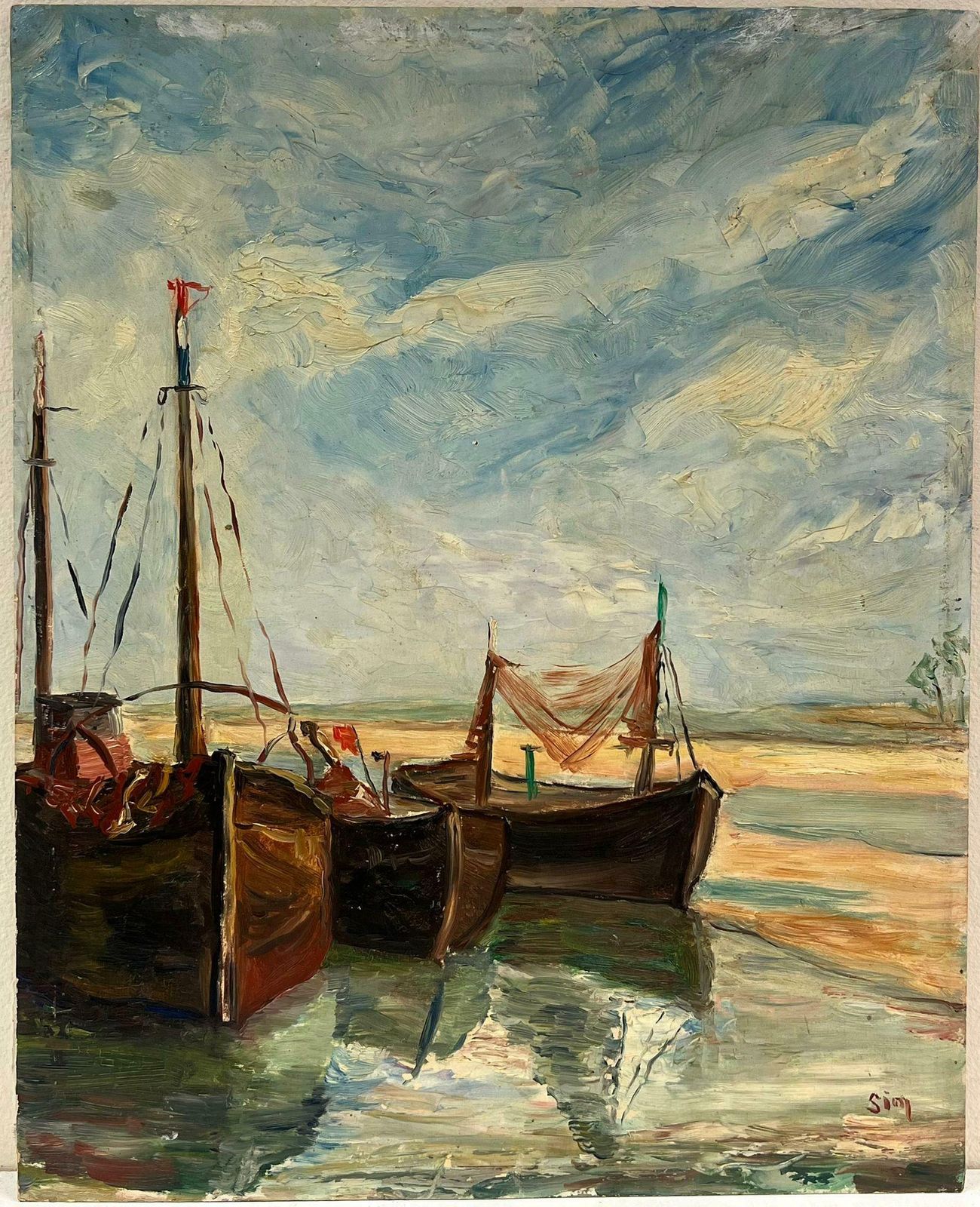 Simone Forge1930's French Impressionist Oil Fishing Boats Drying Nets Beached Estuary 1930s photo furniture