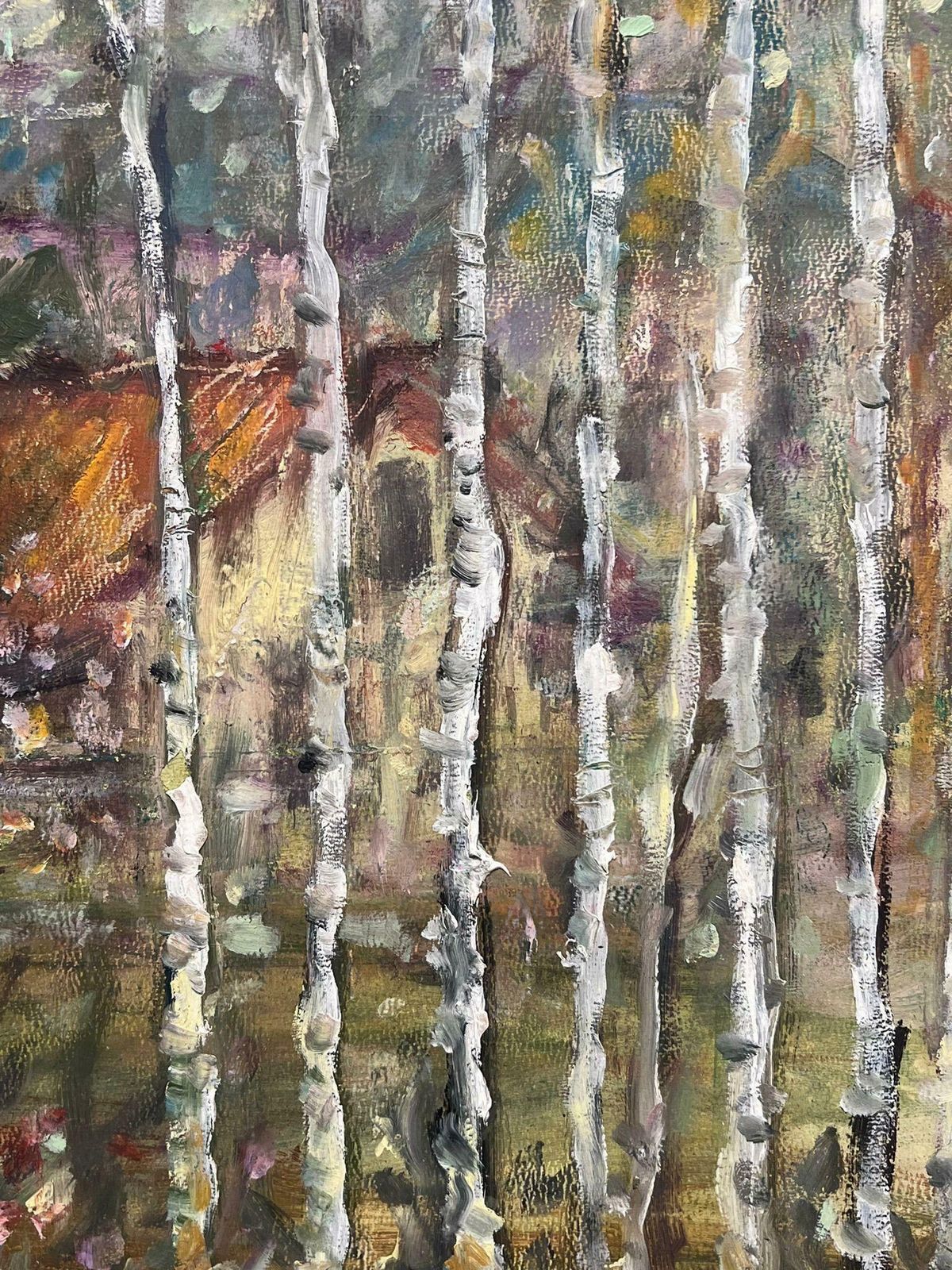 1930's French Post Impressionistfrench Post Impressionist Village Scene Silver Birch Trees Vibrant Oil Painting 1930's photo for sale