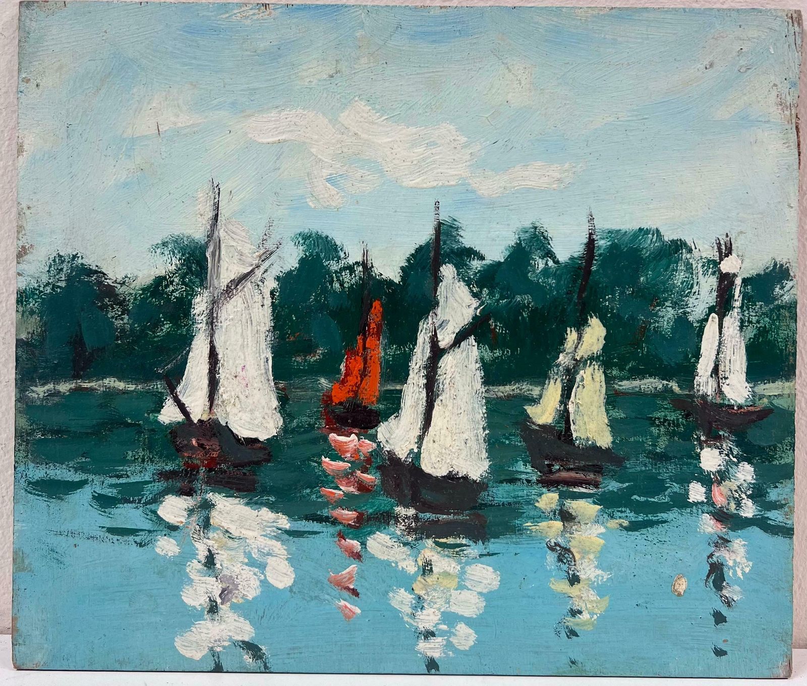 Fanch Lelsailboats On Calm Waters With Lush Forest Backdrop Under A Bright Sky20th Century photo for sale