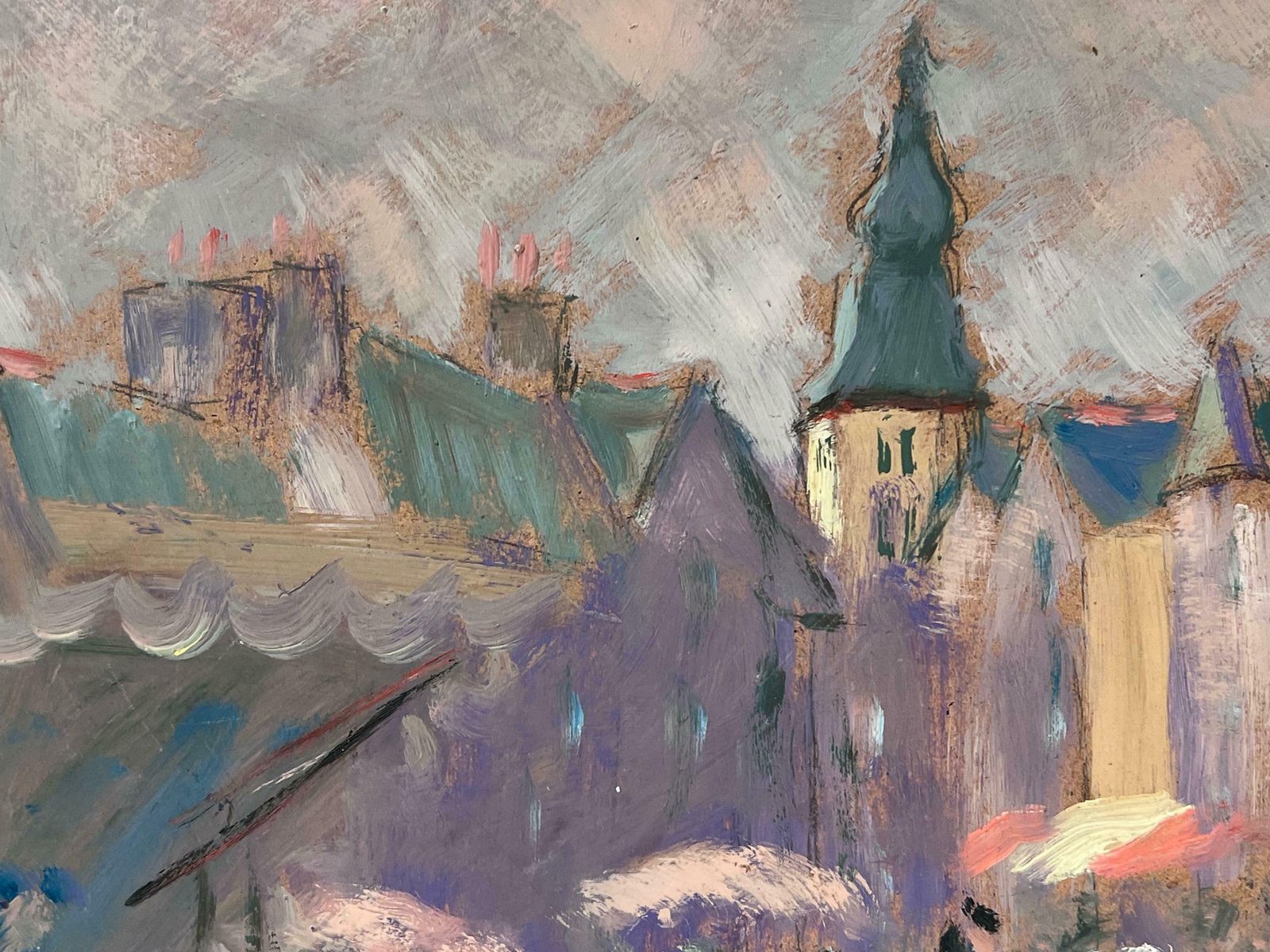 Fanch Lelfigures With Umbrellas Walking Through The Rainy Market Town French Oil20th Century photo 615.0