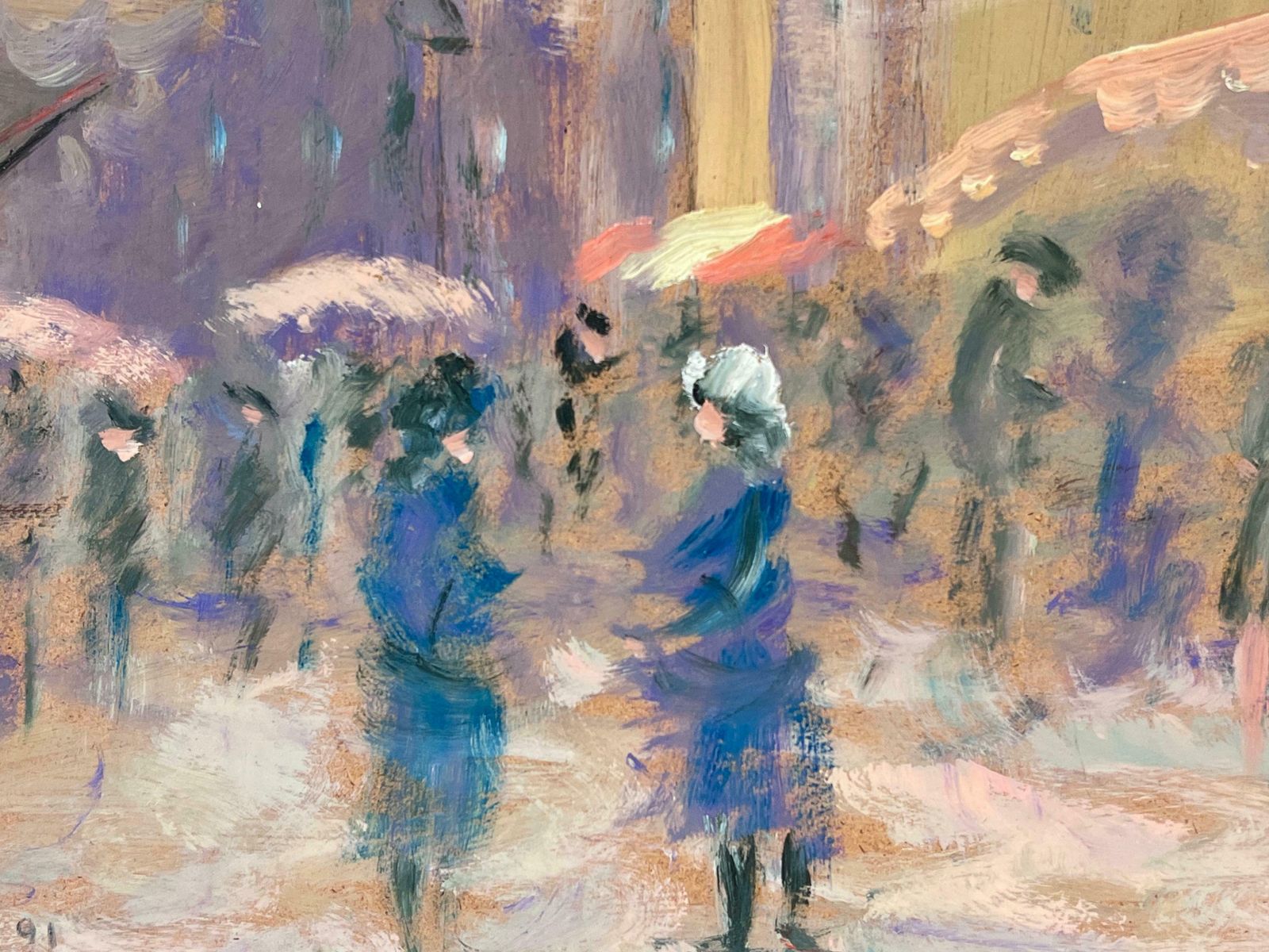 Fanch Lelfigures With Umbrellas Walking Through The Rainy Market Town French Oil20th Century photo vinterior