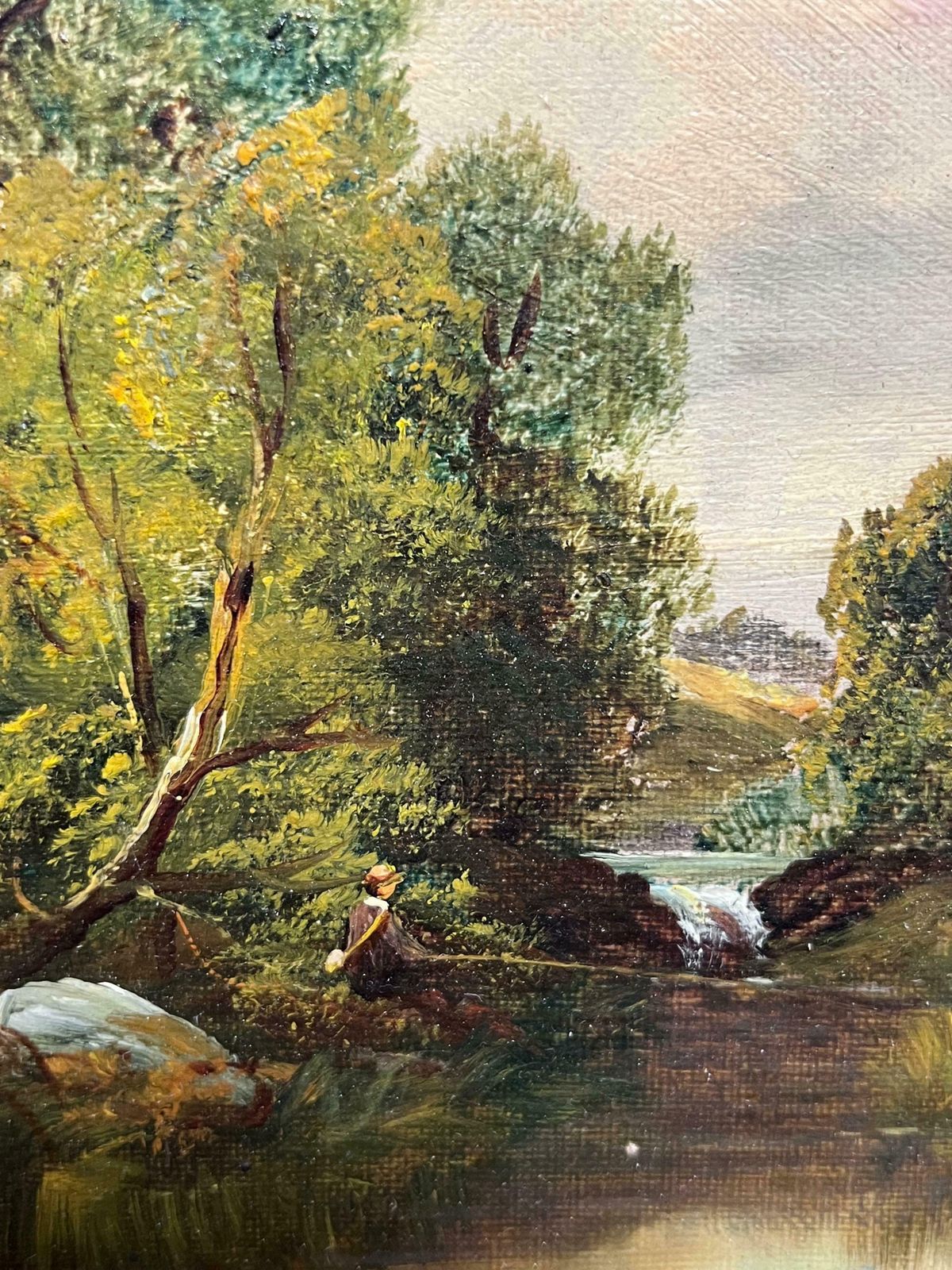English Victorian Oil Signed 19th Century British Oil Painting Angler On Golden Light River19th Century photo Art