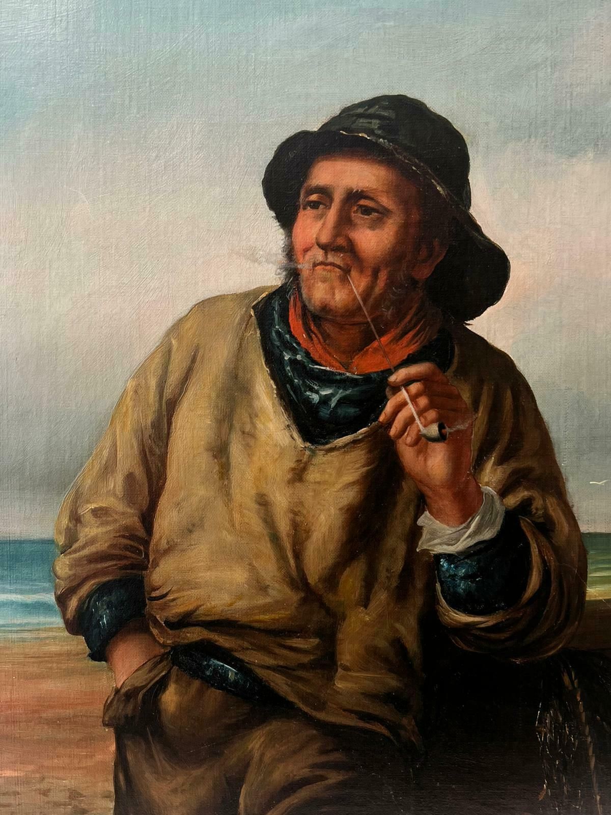 19th Century Newlyn Schoolcornish Fisherman Standing Smoking Clay Pipe Antique Newlyn School Oil Portrait photo for sale