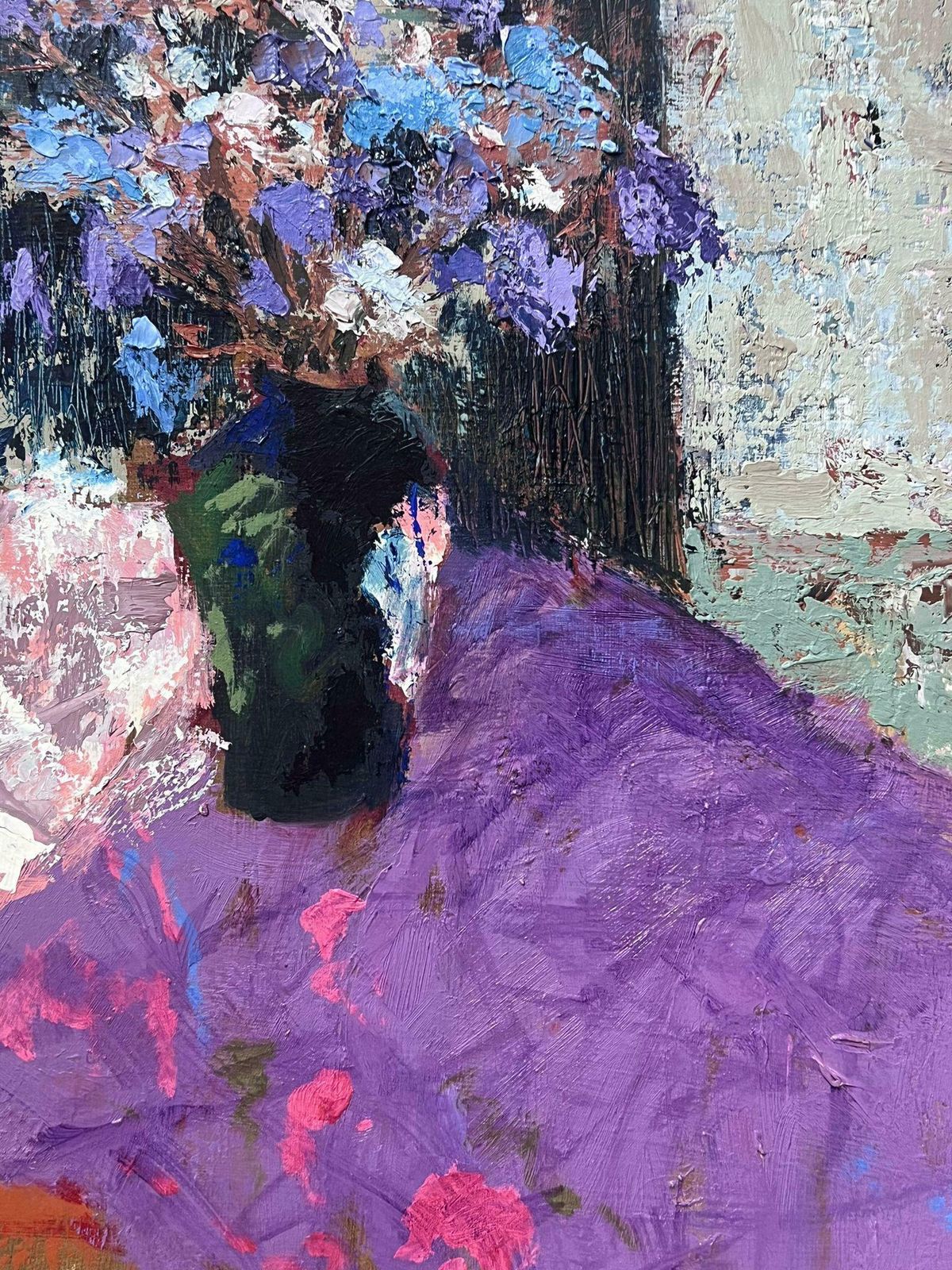 Helen Greenfieldblue Flowers On Purple Table 20th Century British Modernist Oil Painting photo for sale