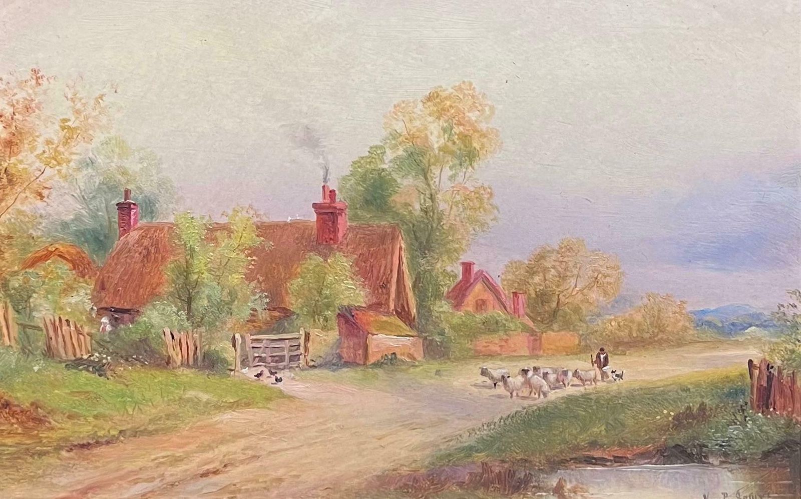 British Victorianantique English Signed Oil Painting Shepherd Leading Sheep Village Country Lane19th Century photo furniture
