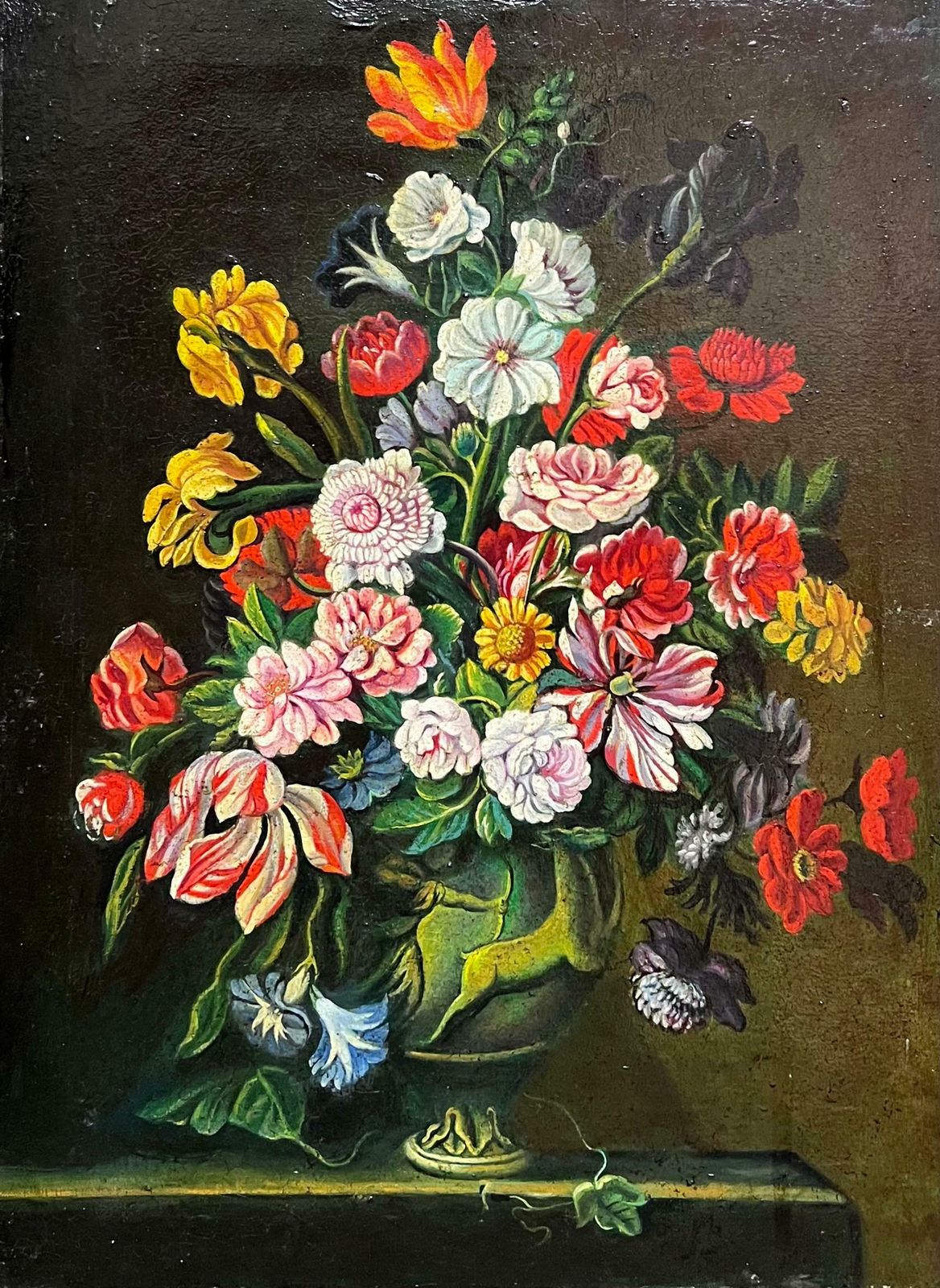Miguel Canals Studiofine Spanish Old Master Style Oil Painting Flowers In Ornate Vase20th Century