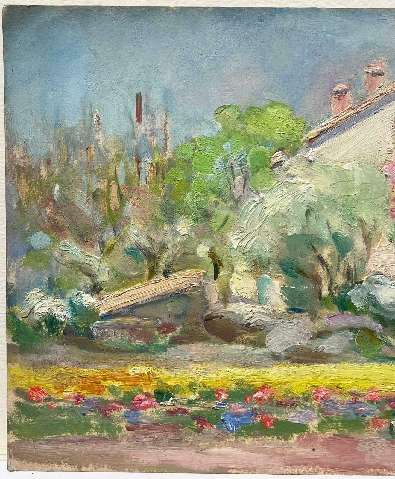 Louise Alixfrench Impressionist Oil White House Surrounded By Colourful Flower Pathway1940's photo for sale