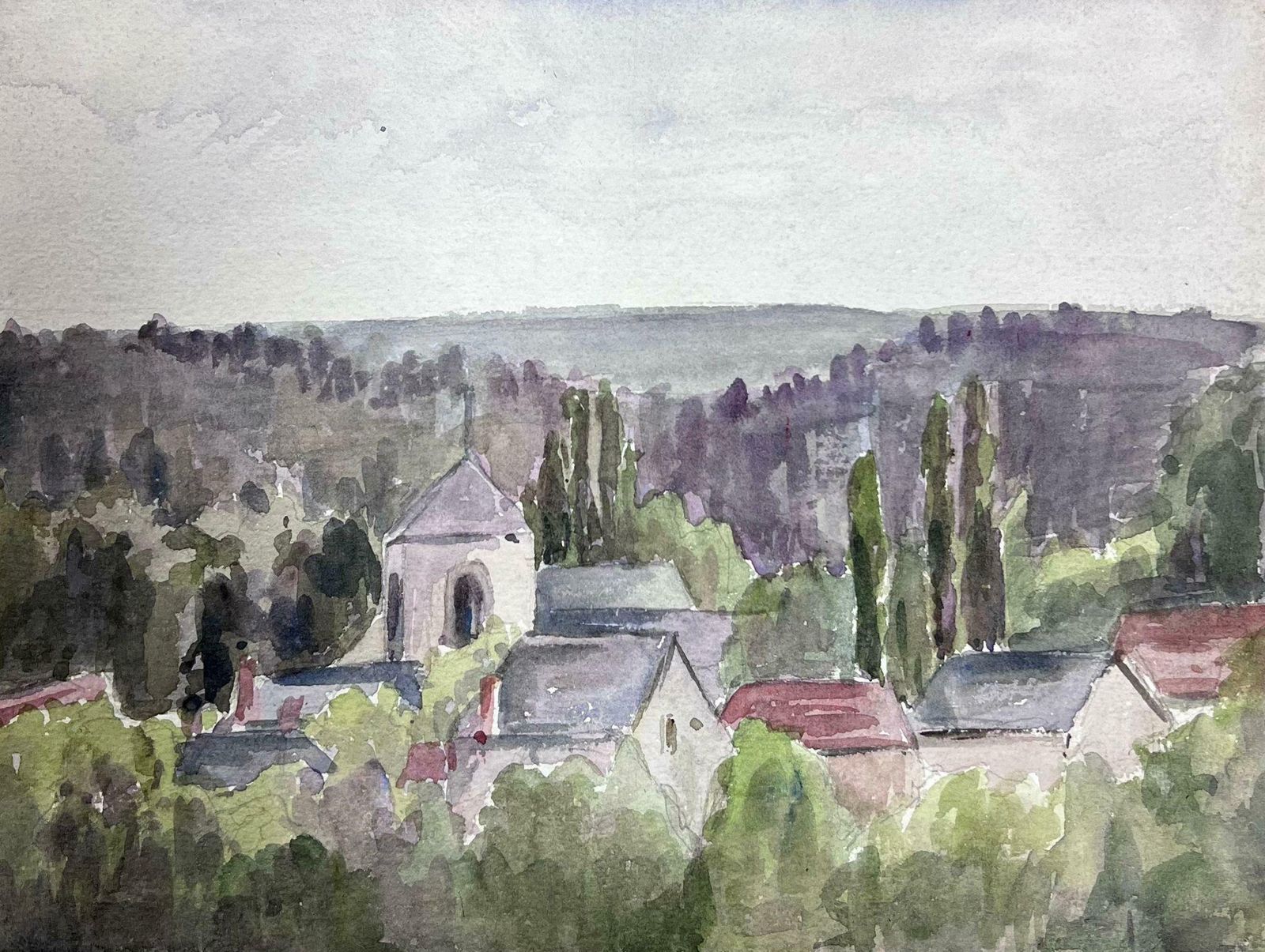 Louise Alix1930's French Impressionist Watercolour Village Church Roofs Landscape1940's