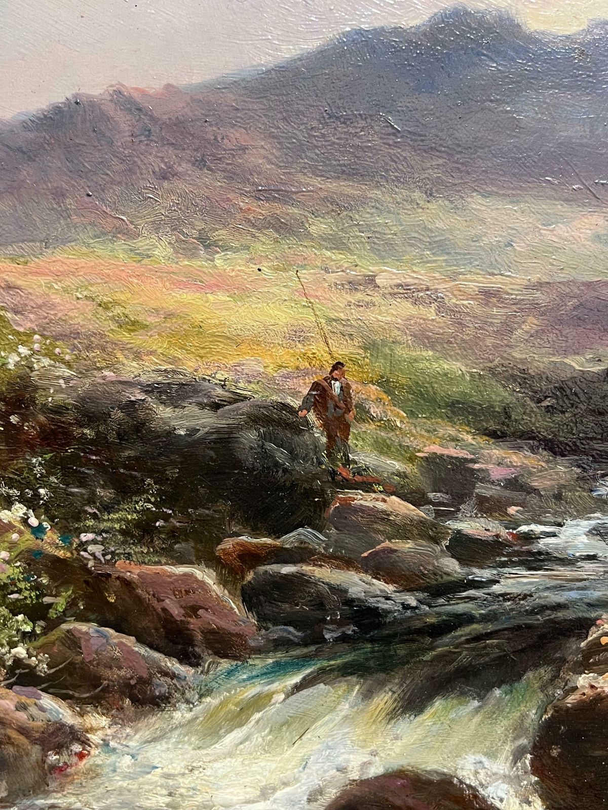 George Henry Jenkins (British, 1843 1914)antique British Oil Painting Fisherman Highland Stream At Sunset, Framed Oil 19th Century photo buy