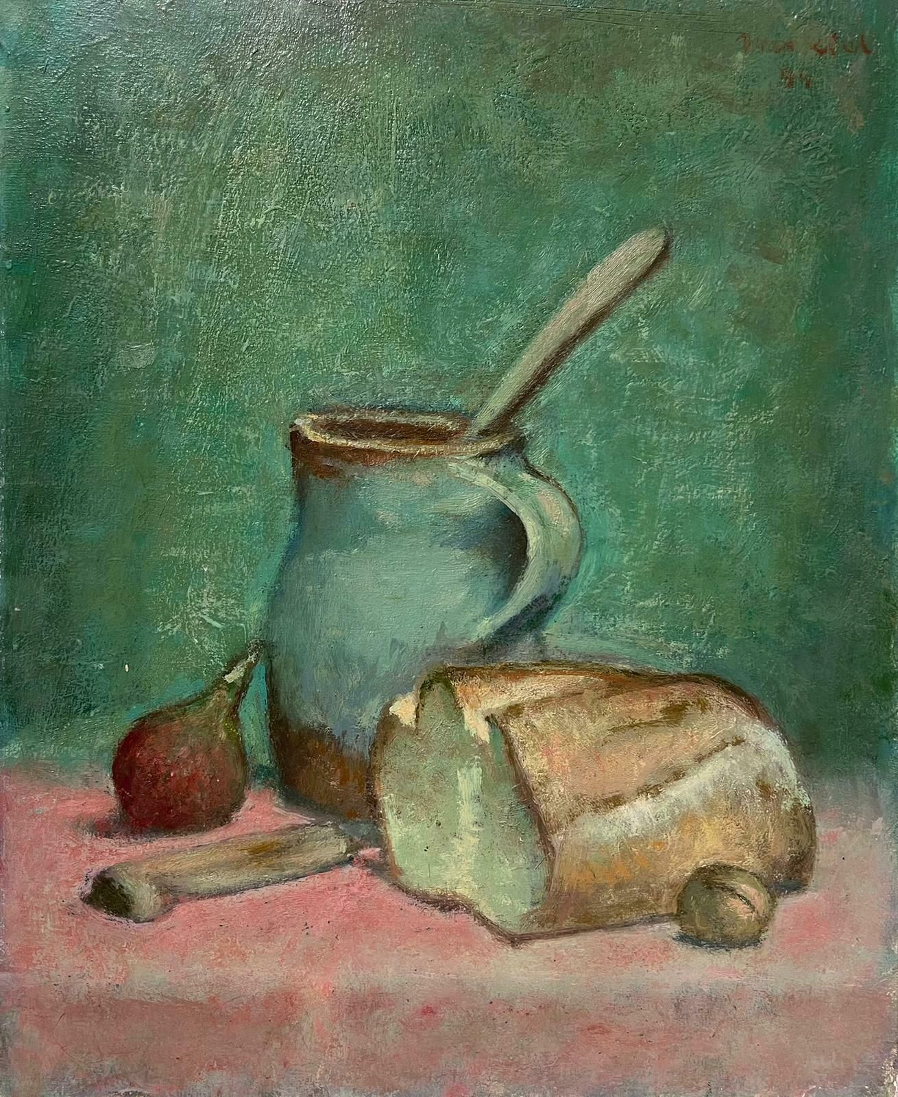 Jacob Markiel (Polish 1911 2008)1950's Beautiful Still Life Bread Fig & Walnut Turquoise Colors, Signed Painting