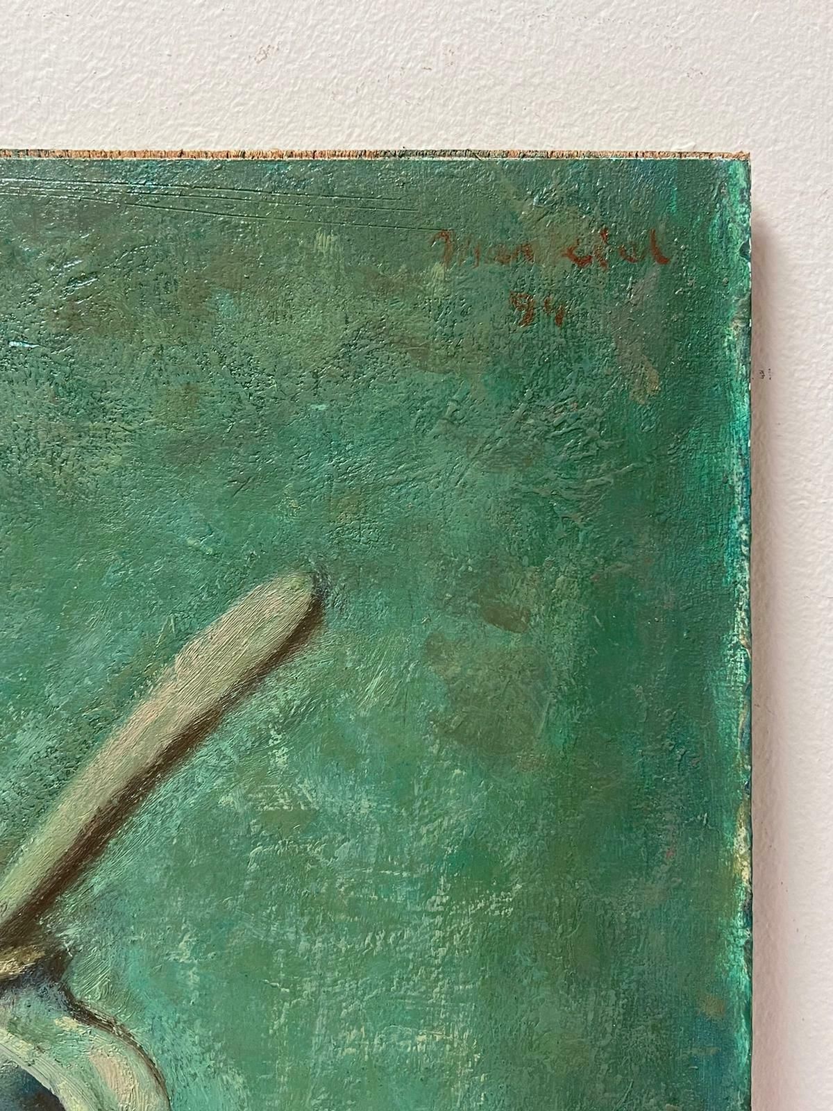 Jacob Markiel (Polish 1911 2008)1950's Beautiful Still Life Bread Fig & Walnut Turquoise Colors, Signed Painting photo for sale