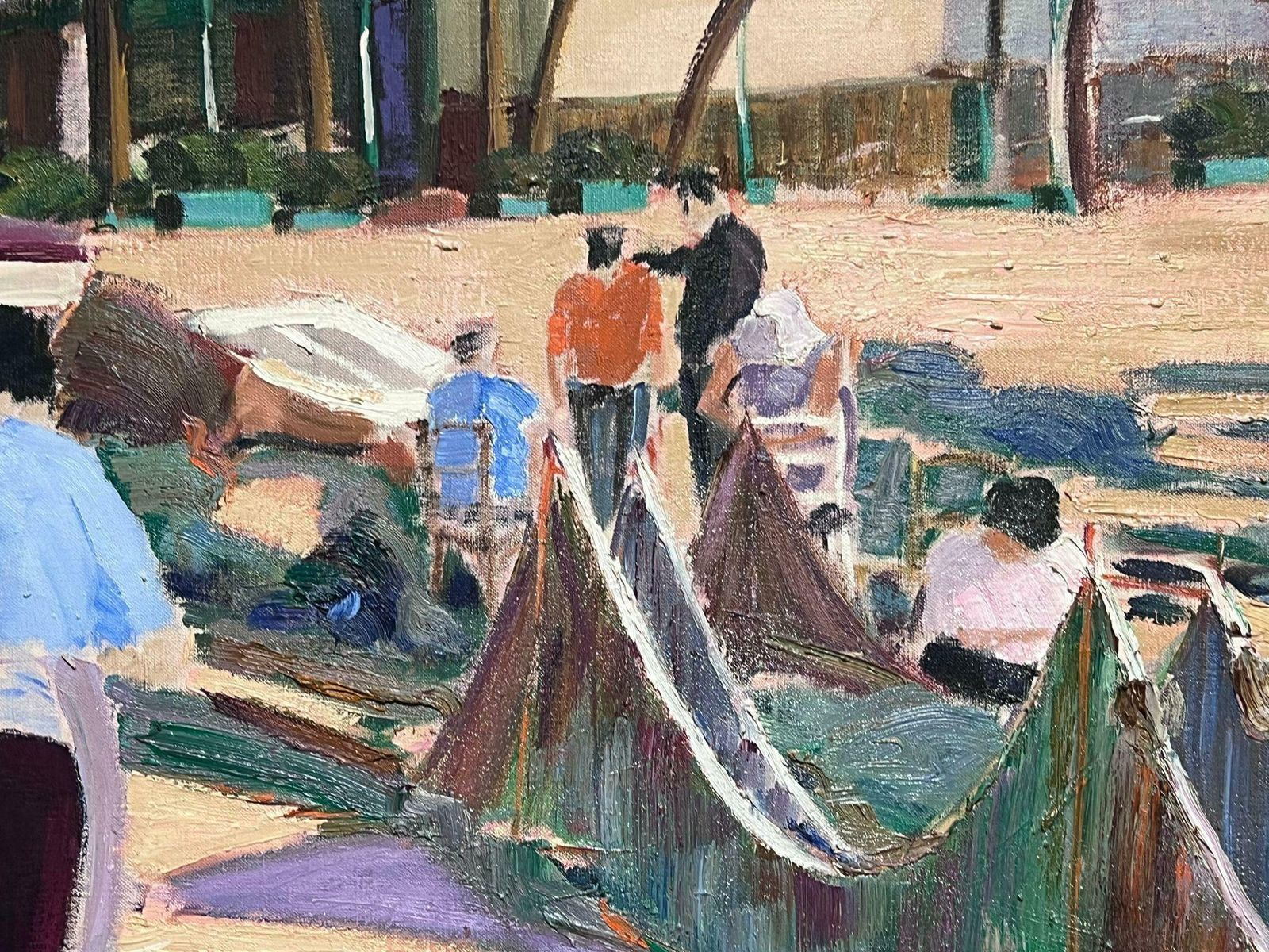 photo furniture Spanish Artisthuge Spanish Modernist Oil Painting Fisherfolk Drying Nets On The Shore Signed