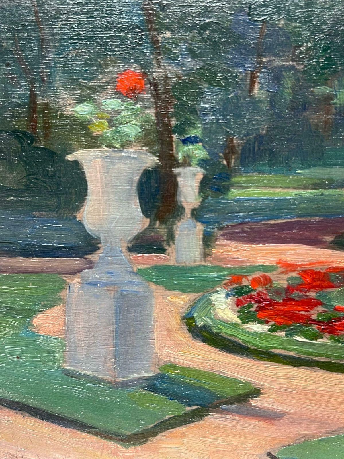 Louise Alix1950's French Park Gardens With Flower Beds & Stone Urns Fine Original Oil 1940's photo Art