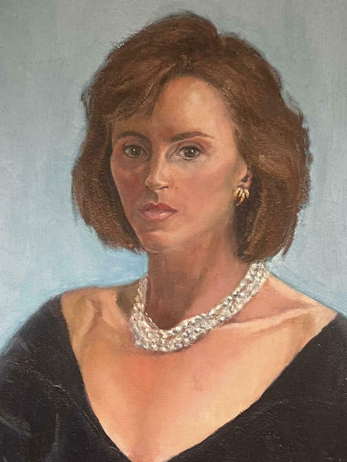 20th Century British Schoollarge 1970's British Oil Painting Portrait Of Seated Lady Black Dress Pearl Neck photo furniture