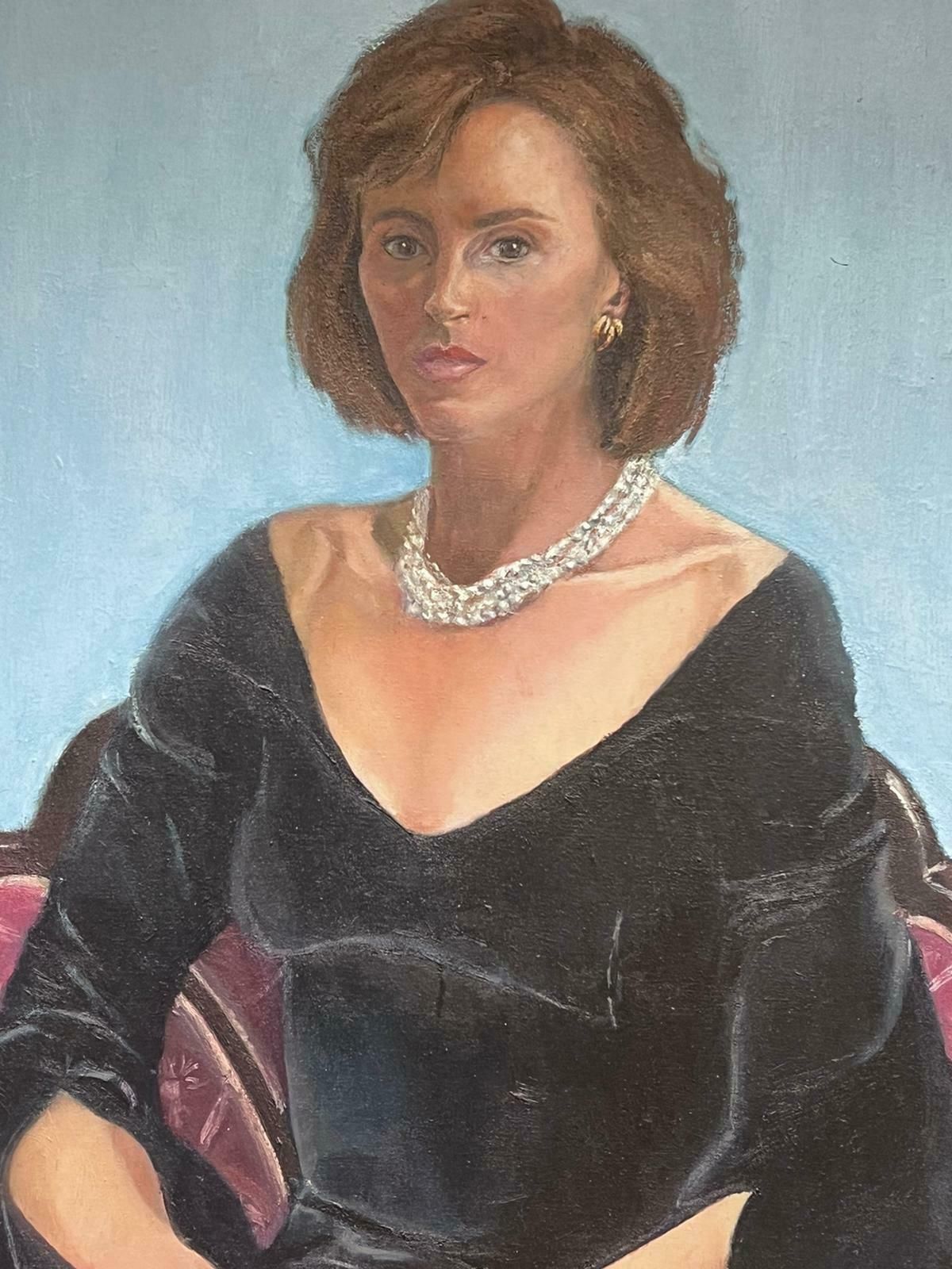 20th Century British Schoollarge 1970's British Oil Painting Portrait Of Seated Lady Black Dress Pearl Neck photo 916.0