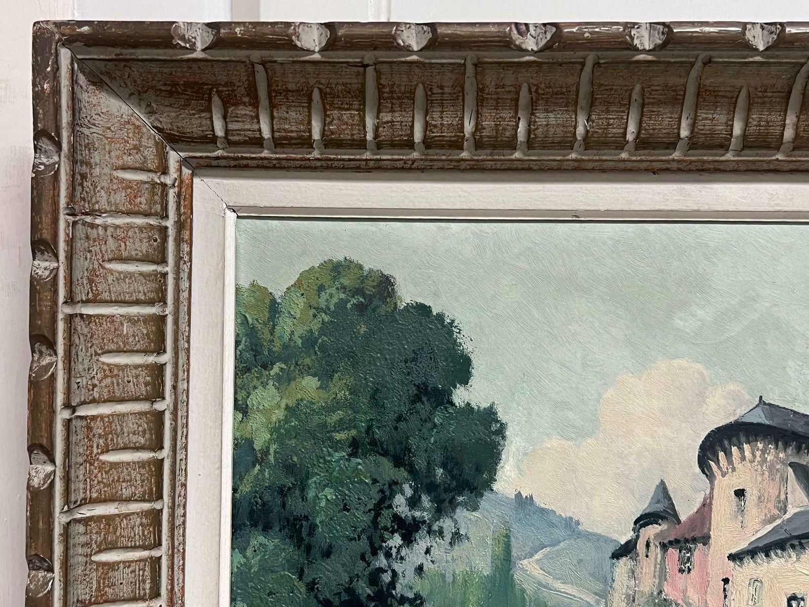 Félix Raoul Eteve French, 1902 1967 Old Chateau Castle Next To Bridge Green Landscape Original French Oil Painting photo Art