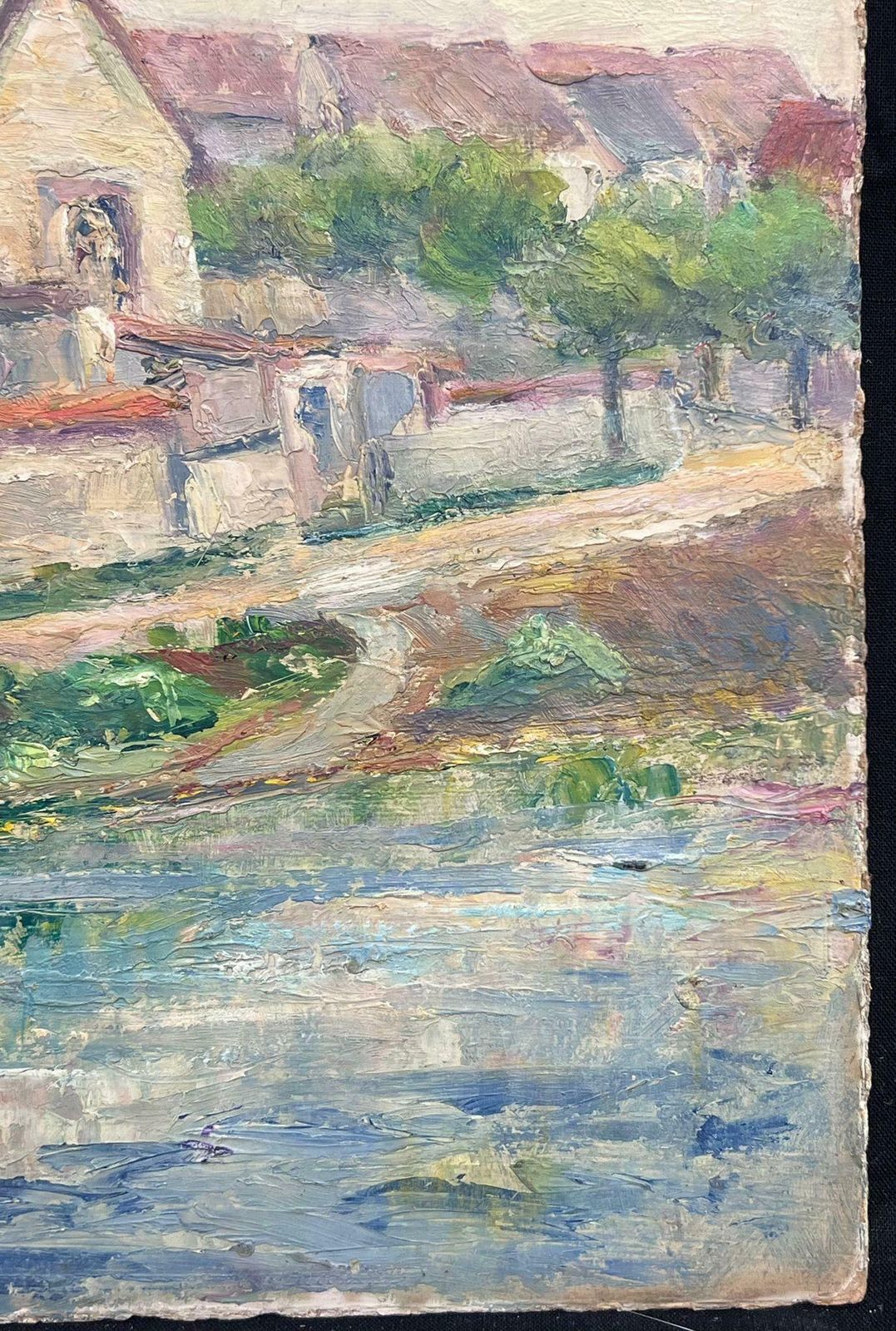 Regine Davidcharming Village By The River Bank Scene Oil Painting1950's photo for sale