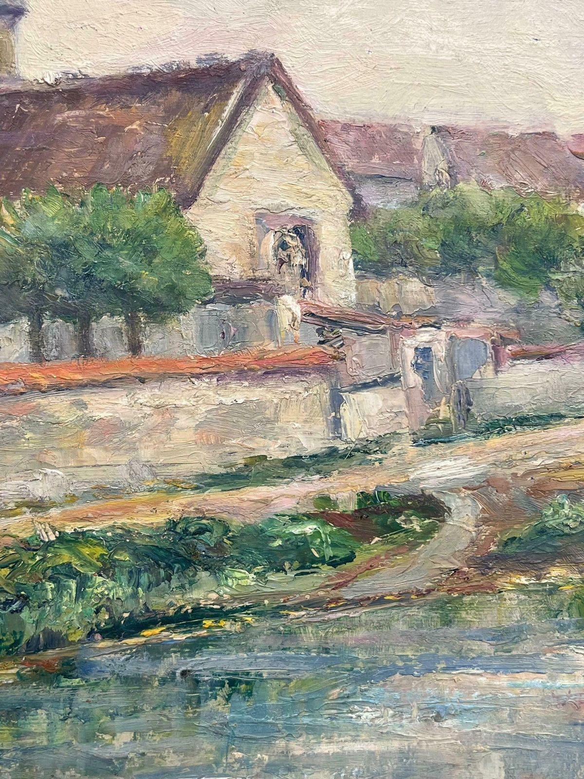 Regine Davidcharming Village By The River Bank Scene Oil Painting1950's photo Art